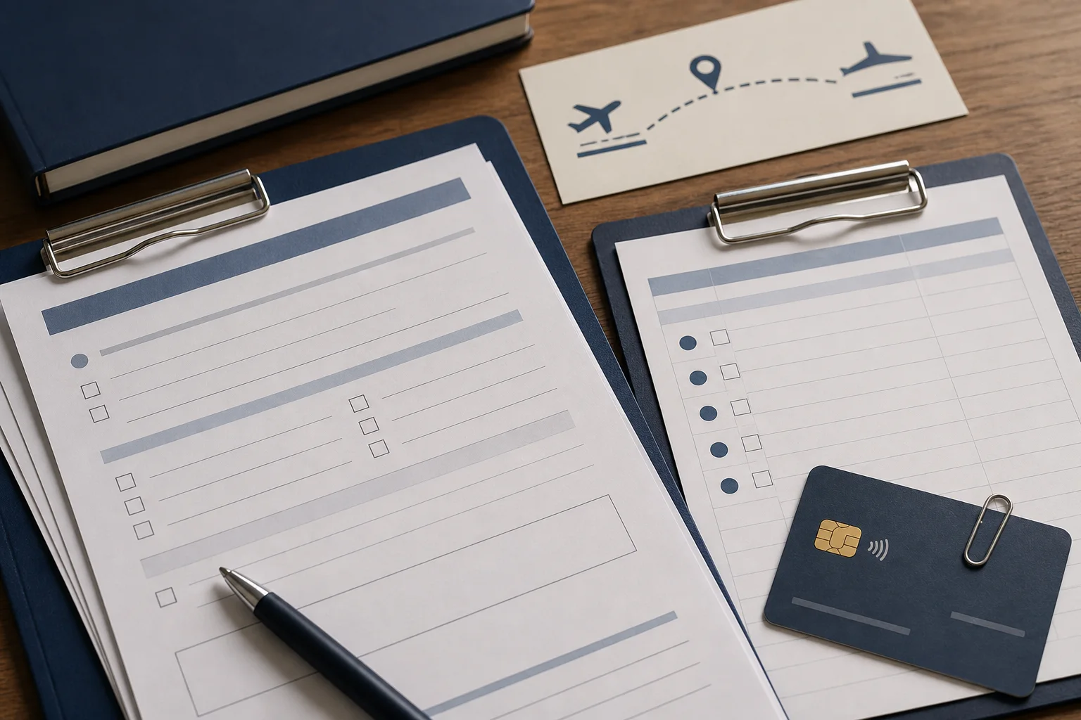 A blank bond form, payment card, and travel-route reminder staged as a visa payment verification checklist.
