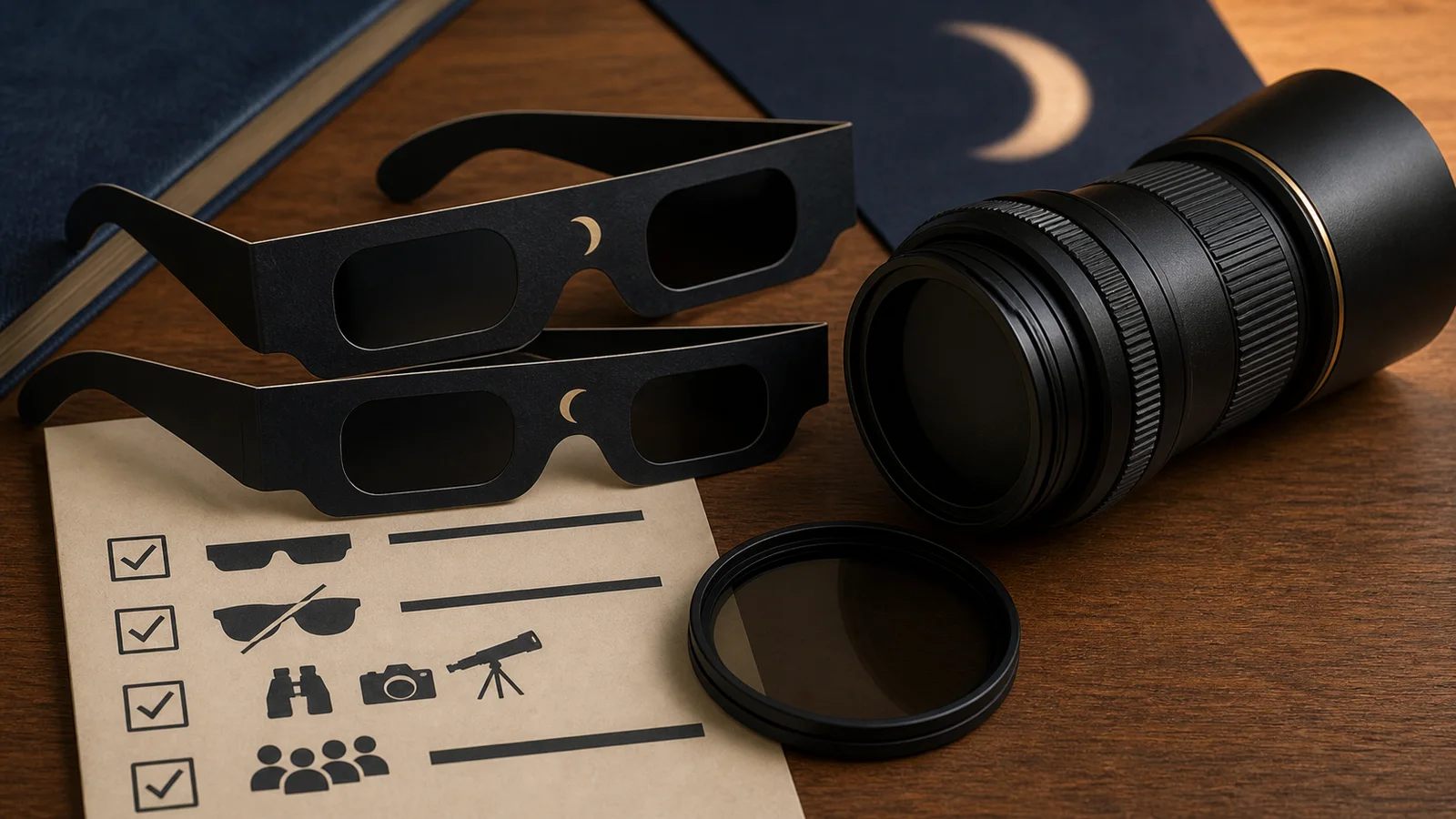 Eclipse glasses, a camera lens filter and a checklist card arranged as safe viewing gear