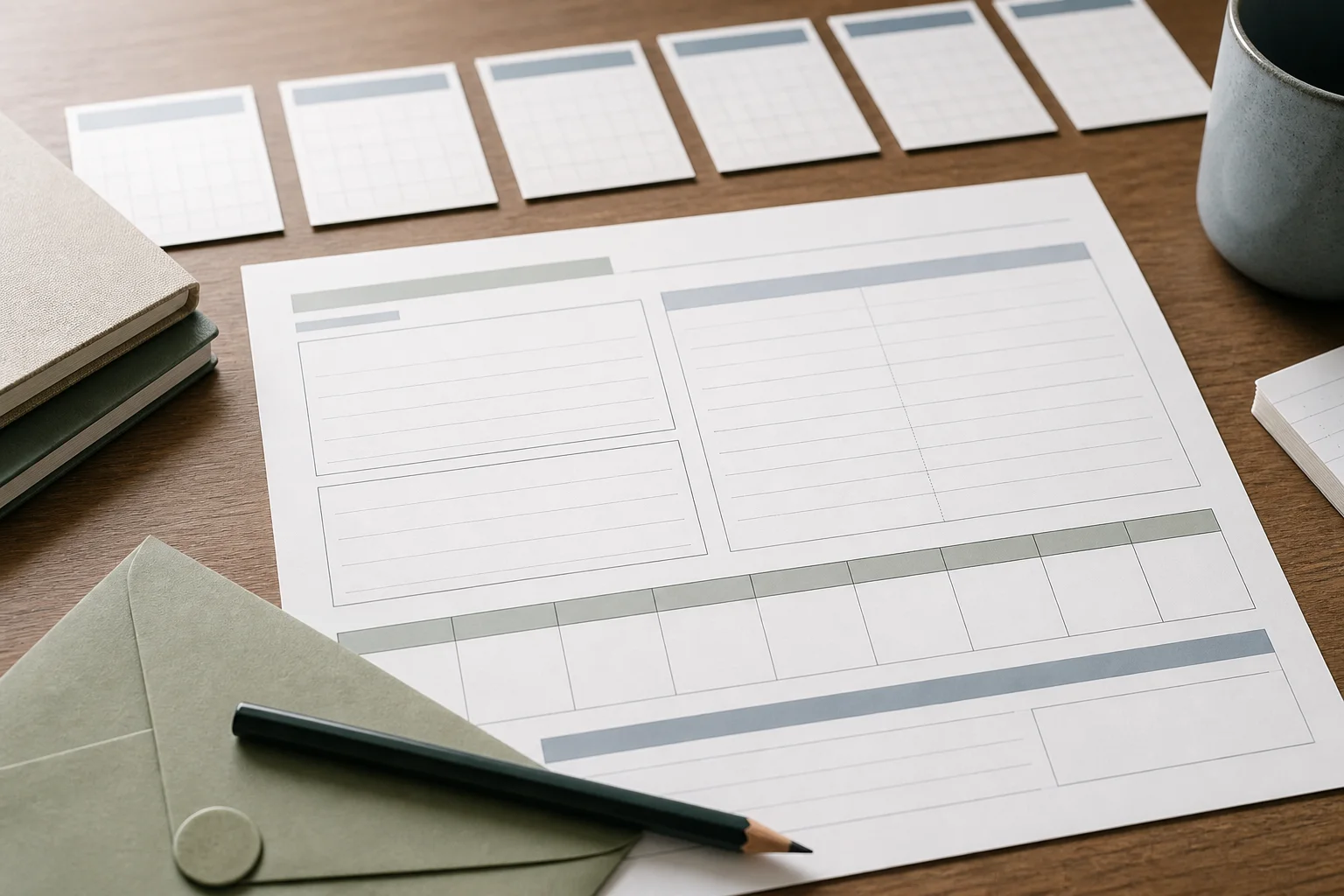 A generic break-even worksheet, pencil, payment card and cost envelope arranged to show refinance payback timing