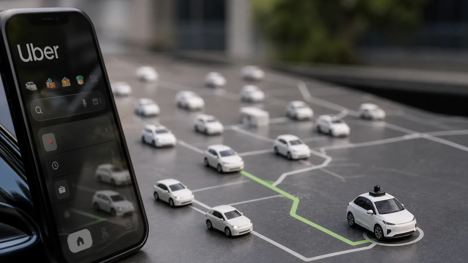 Uber app reference reflected near route tokens with one small driverless-car marker separated from many ordinary ride markers.