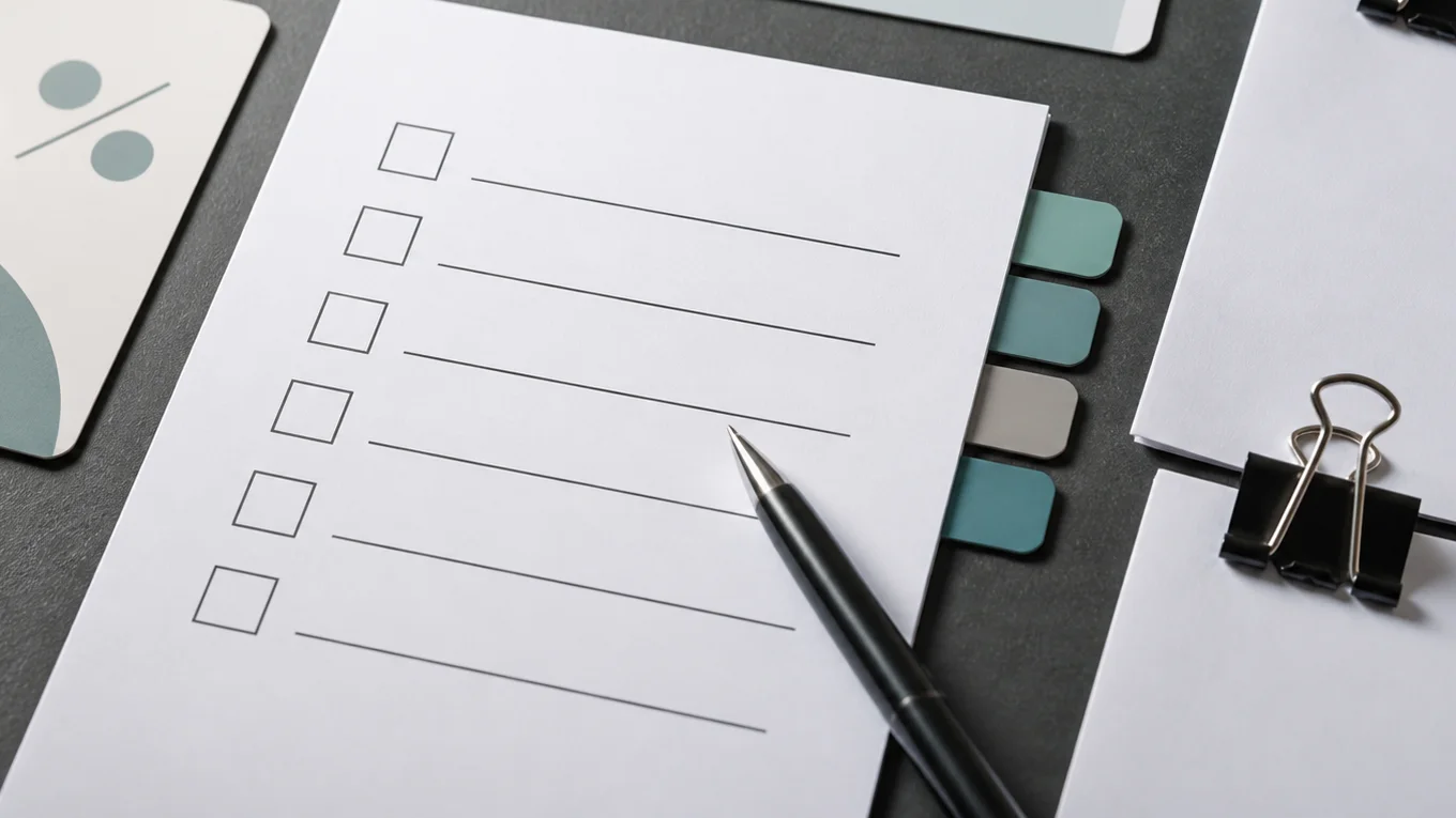 A blank benefits checklist with policy pages, tabs, a calendar strip, and a pen on a desk.