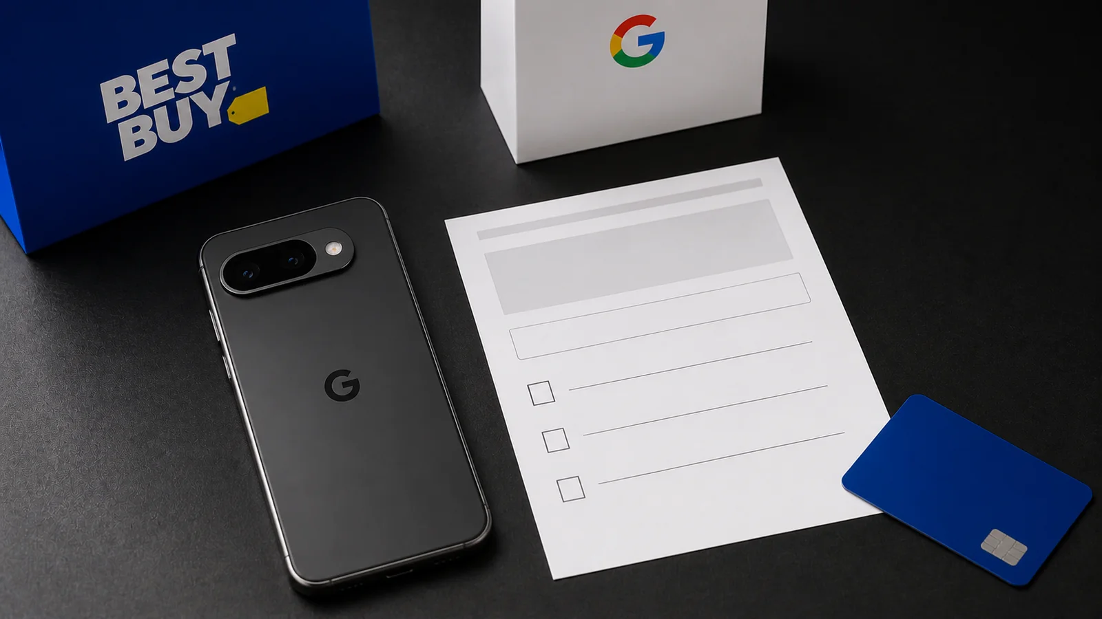 A Google Pixel 11 pre-order checklist staged with a phone, payment card, and calendar reminder