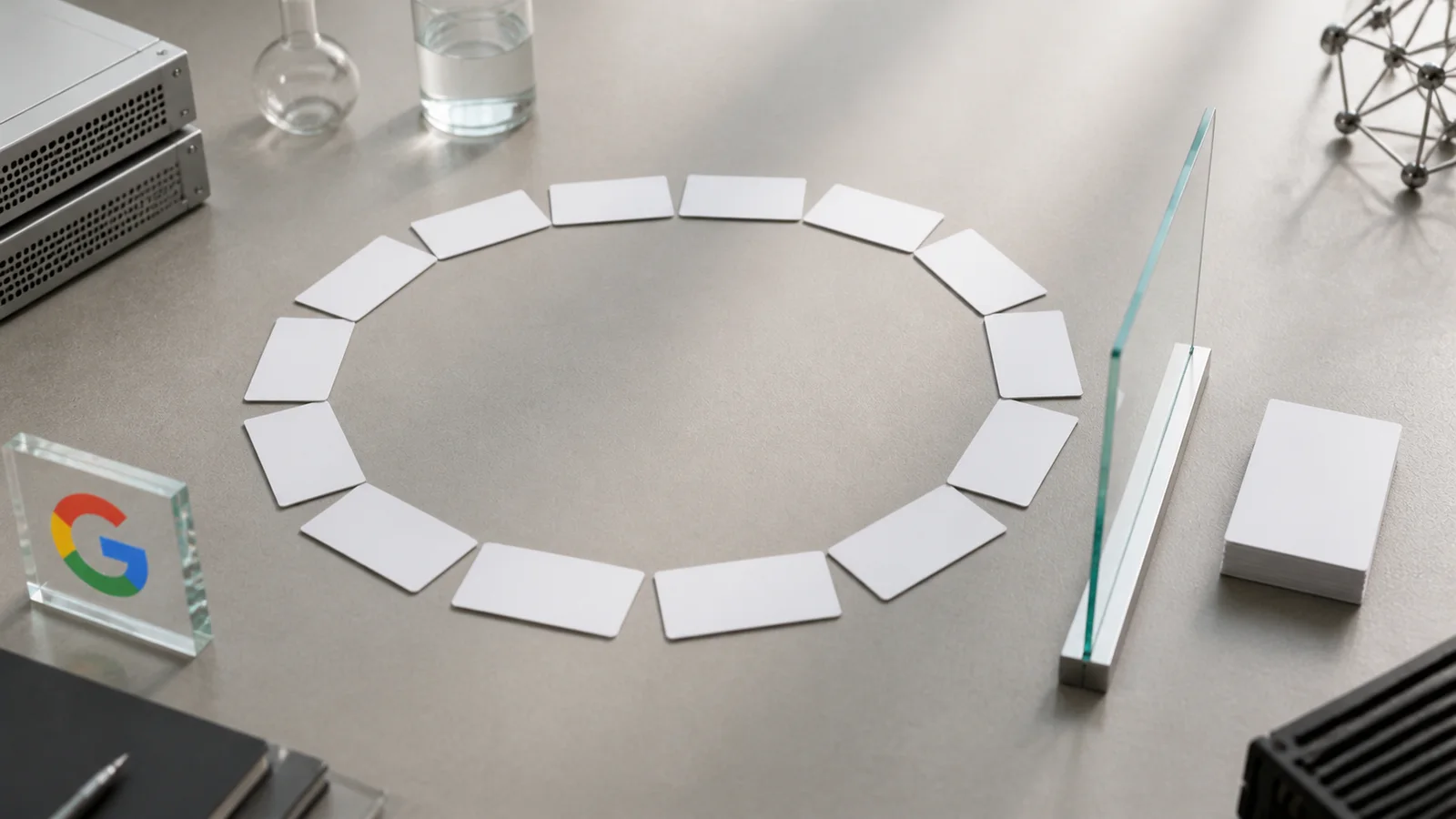 A Google mark beside blank experiment cards arranged as a research loop and a separate outside stack.