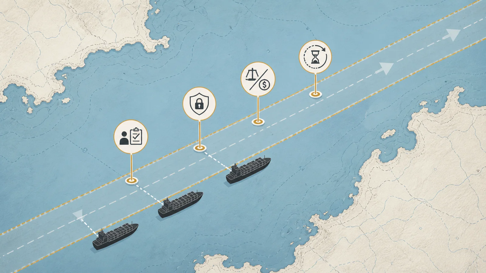 A schematic corridor lane shows vessel markers paused before abstract checkpoints for unresolved passage rules.