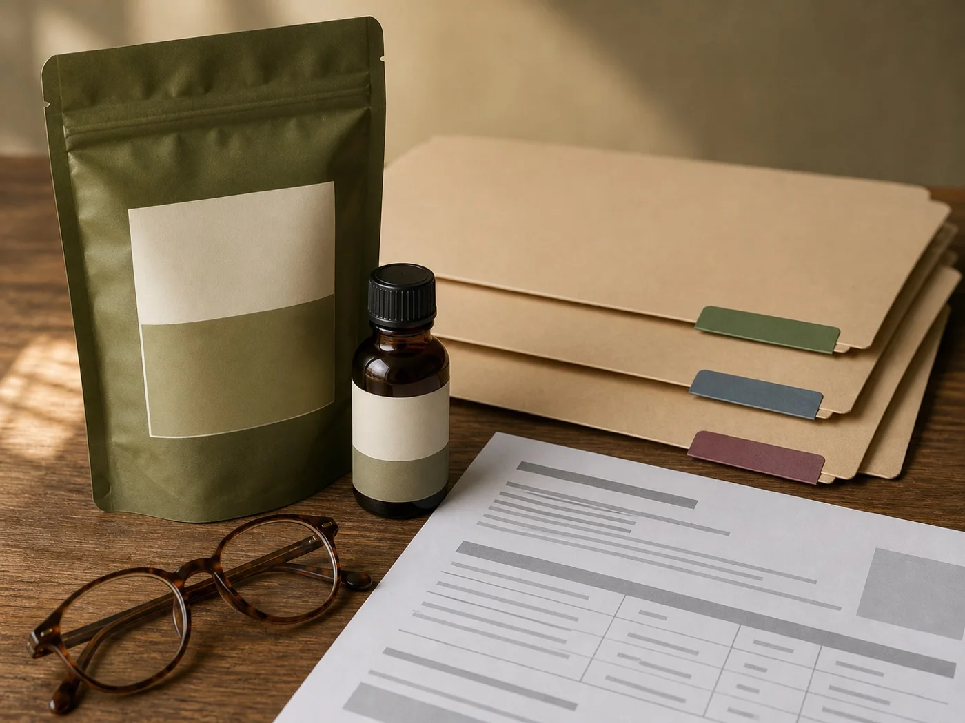 Generic hemp-product packaging, lab paperwork, reading glasses, and state-rule folders arranged for a label check.