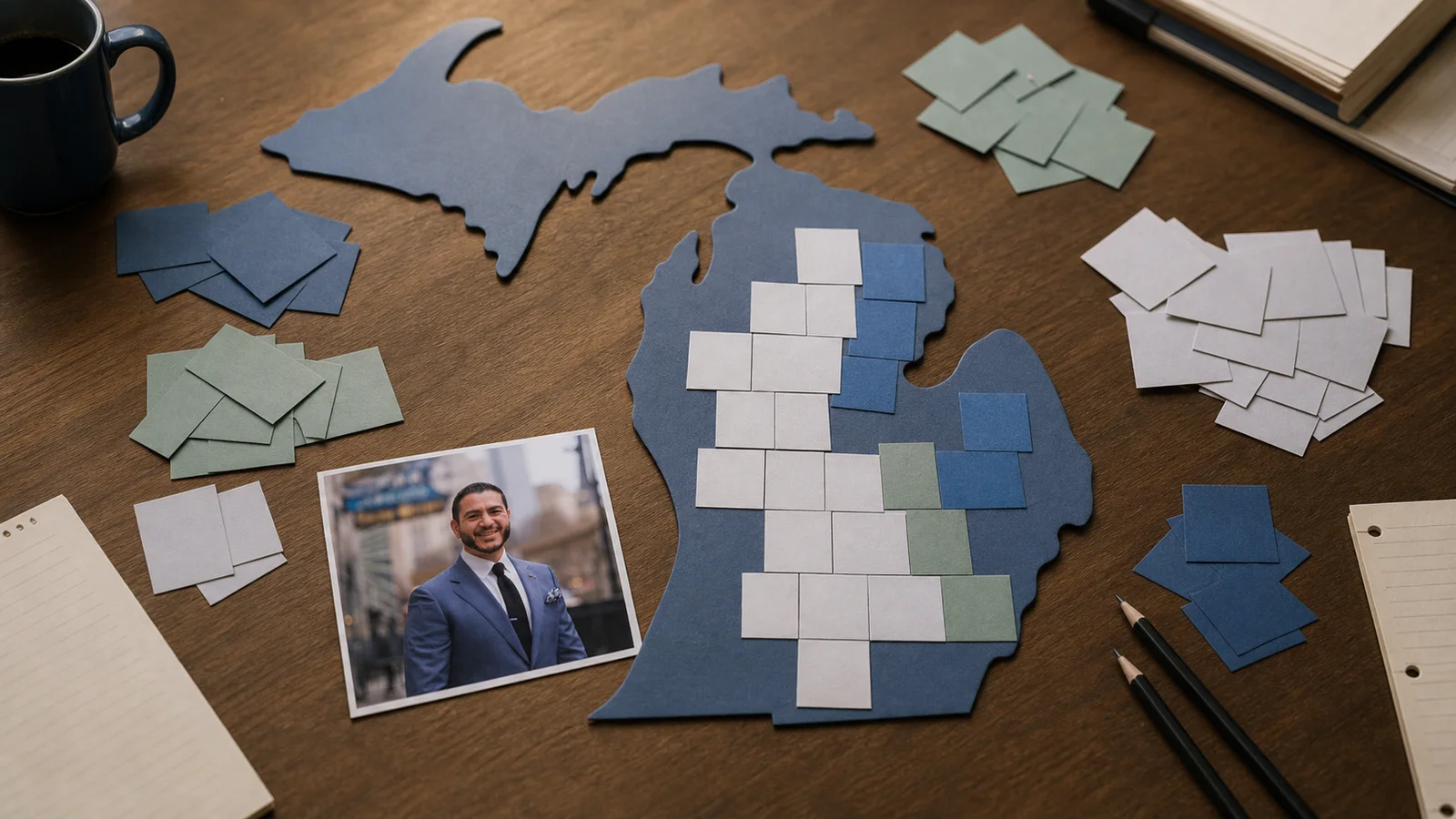A campaign table with Michigan voter materials and a small Abdul El-Sayed photo beside a marked county map