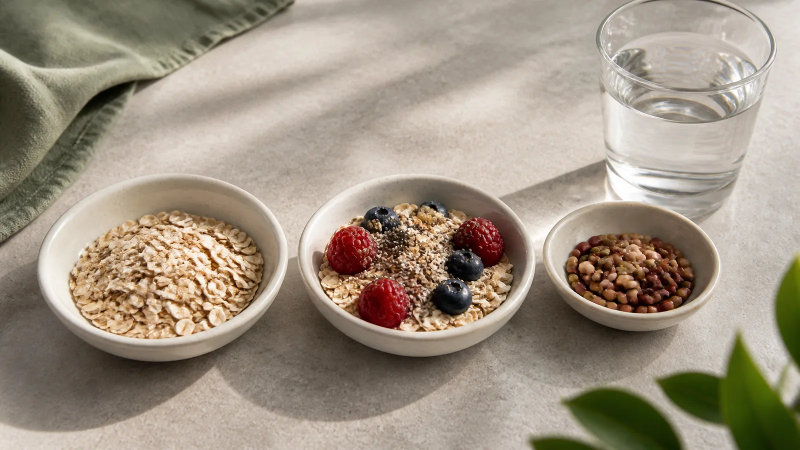 Three small dishes show oats, berries, chia seeds, and beans beside water to illustrate a gradual fiber increase.