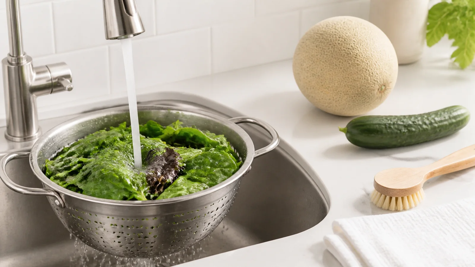 Fresh leafy greens being rinsed in a colander beside a melon, cucumber, produce brush, and clean towel