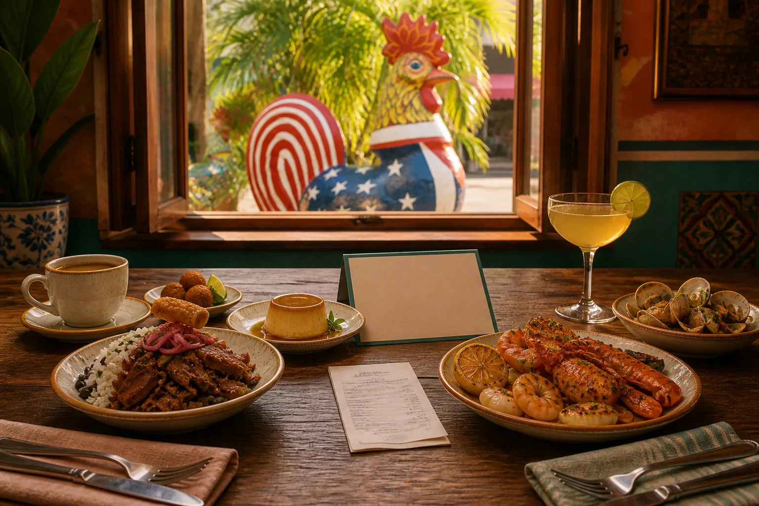 Lunch and dinner place settings on a Little Havana table with a Calle Ocho rooster visible outside