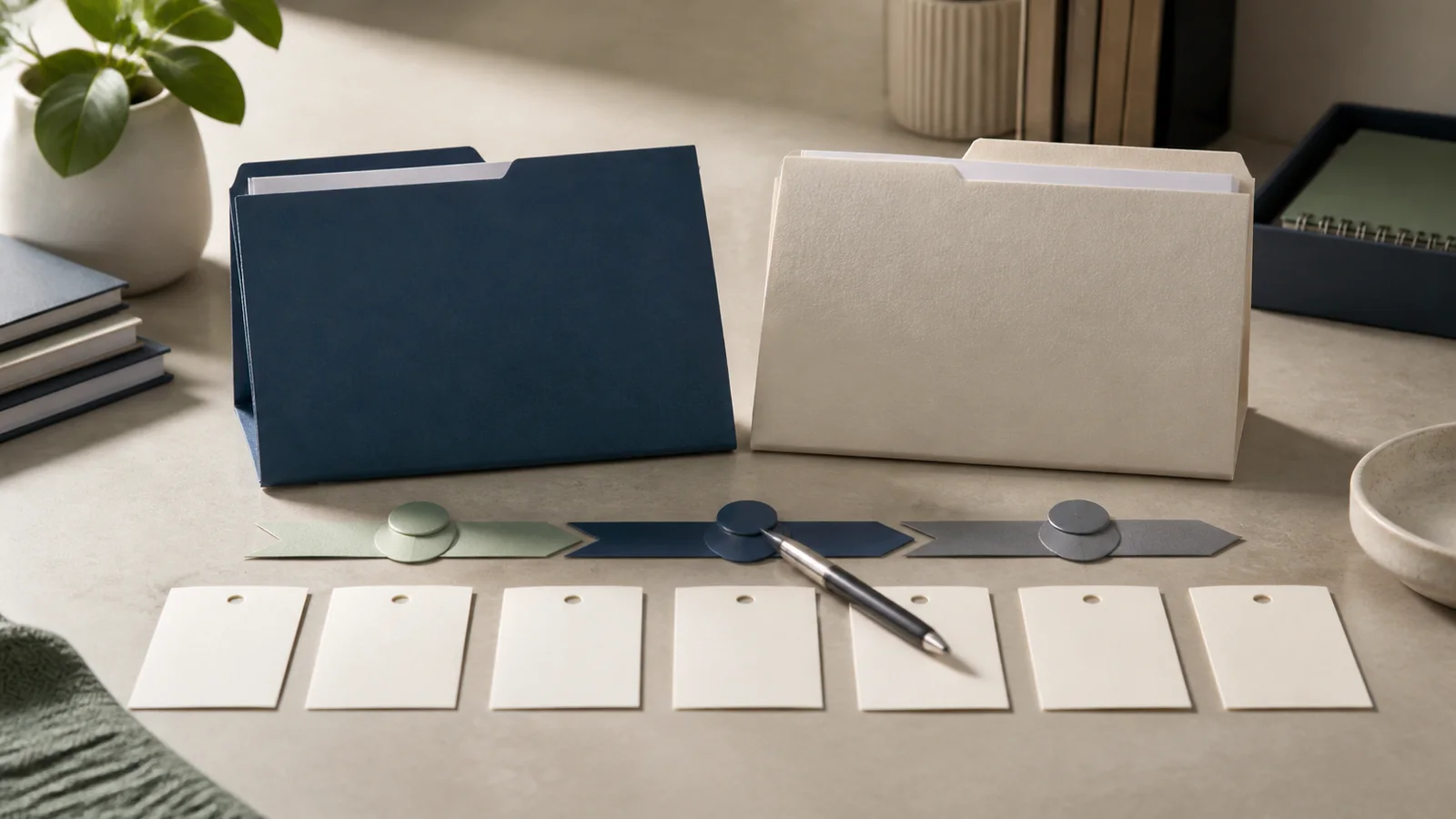 Blank repayment folders, unmarked payment cards and paper timeline tabs arranged as a decision checklist.