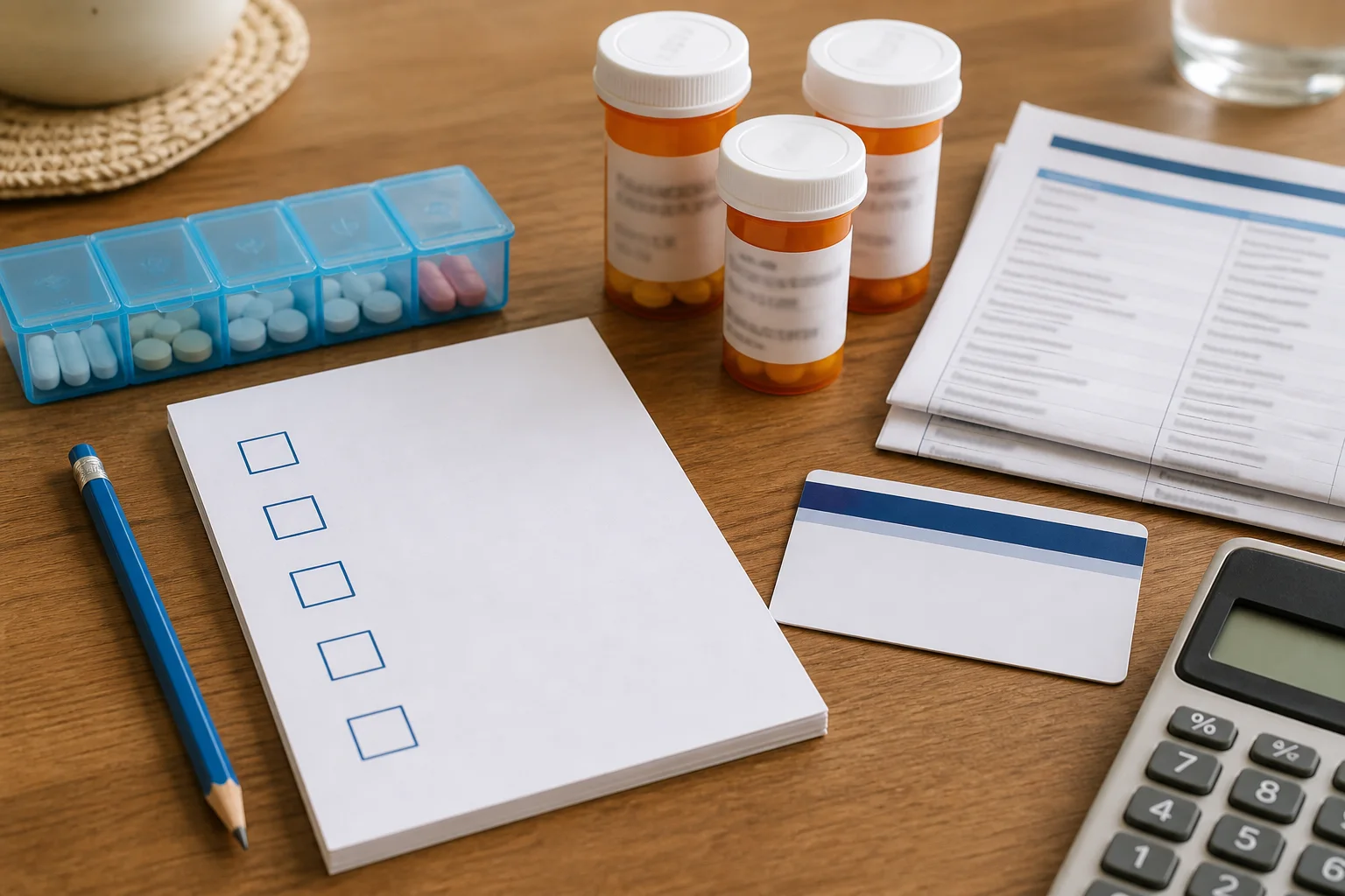 A five-item Medicare plan review checklist with prescription bottles, a pharmacy card, and a calculator