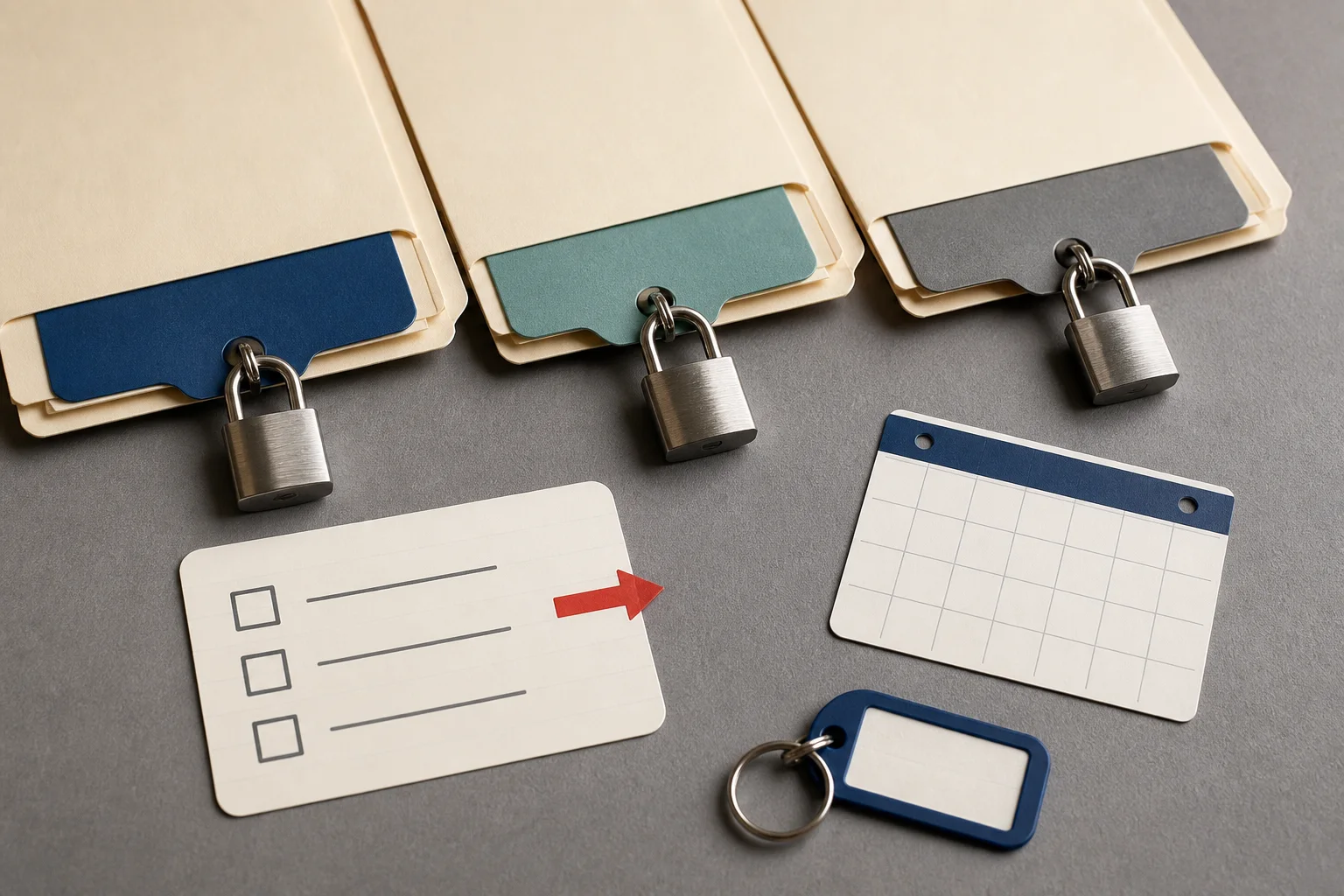 Three credit bureau folders beside a fraud alert note and a temporary lift calendar