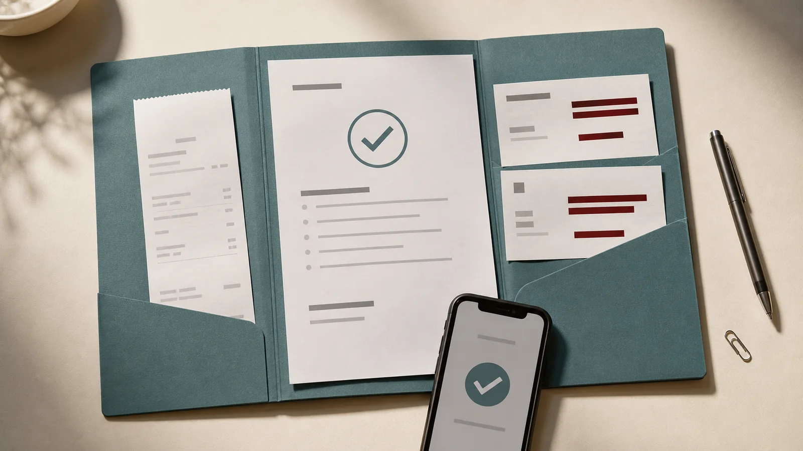 A folder with redacted slips, a blank confirmation sheet, and a phone arranged to show the proof to save after canceling a subscription.