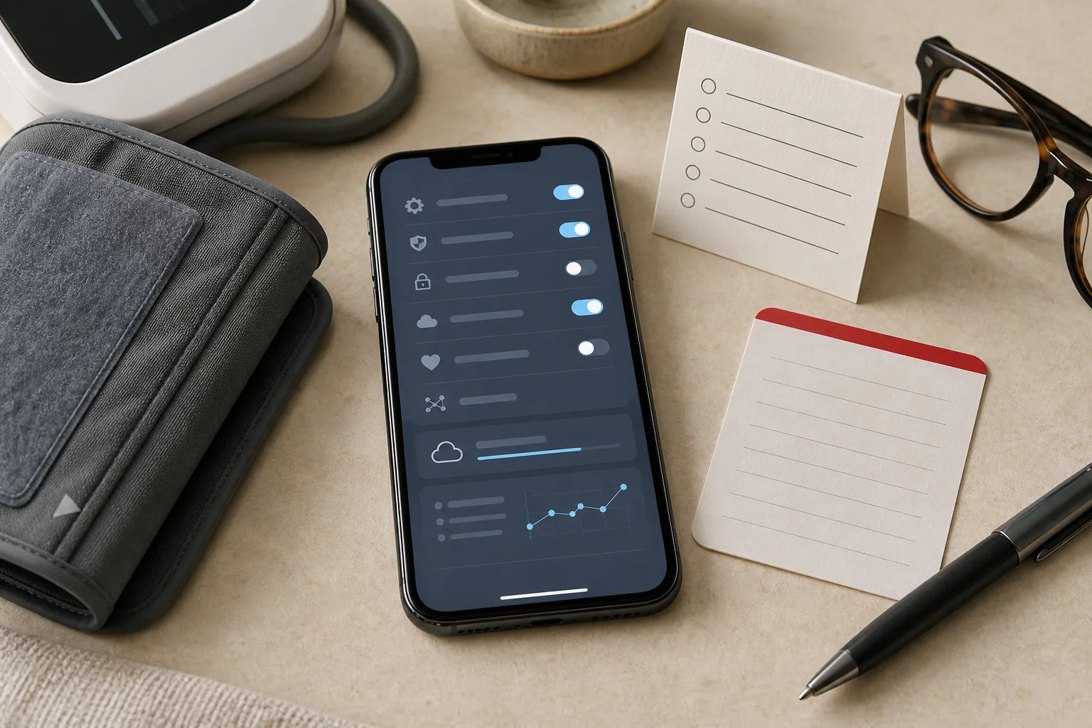 A phone with abstract permission controls beside a blood pressure cuff, blank checklist, and pen.