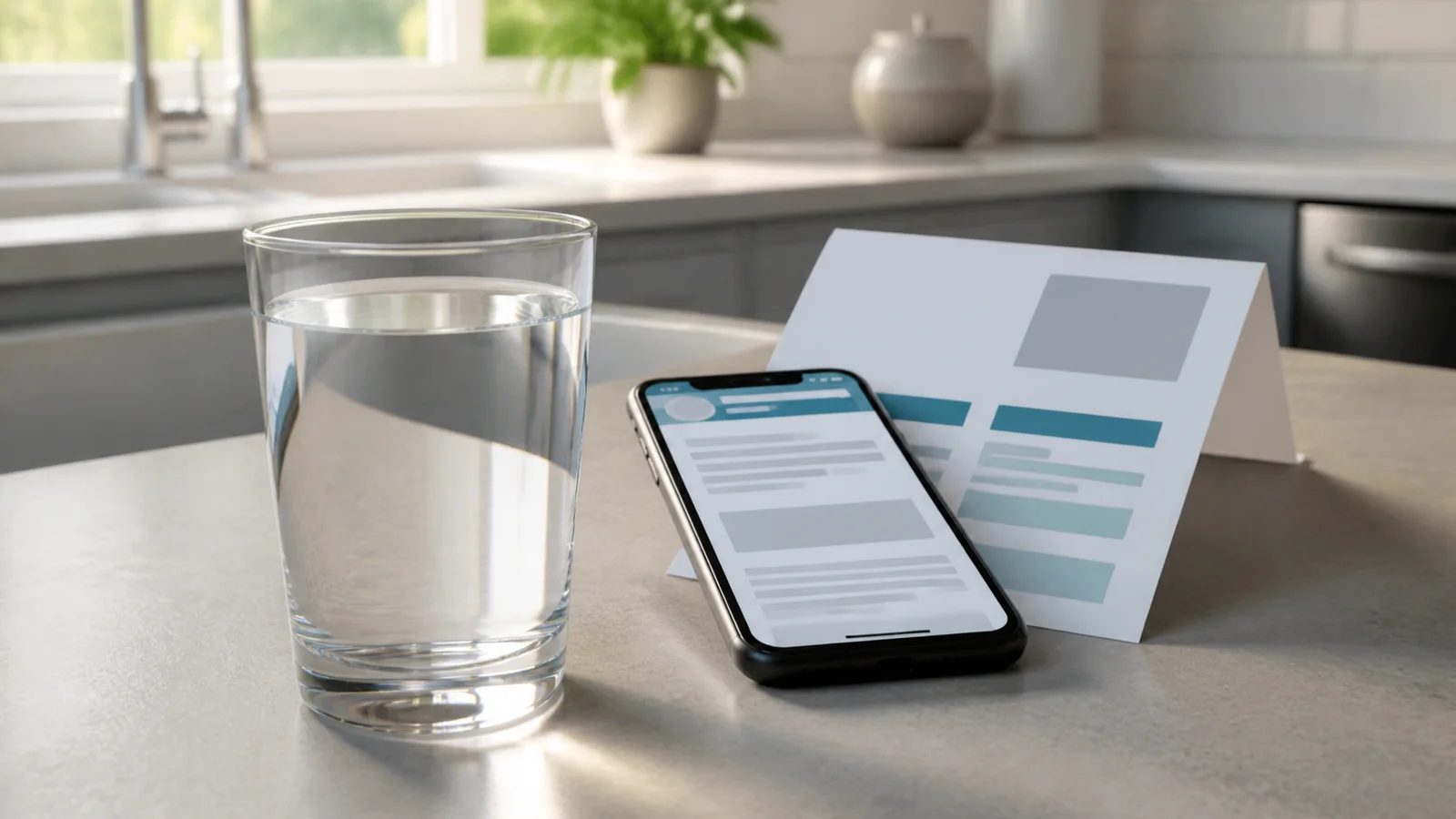A staged kitchen counter with a glass of water, a phone alert layout and a folded blank municipal notice.