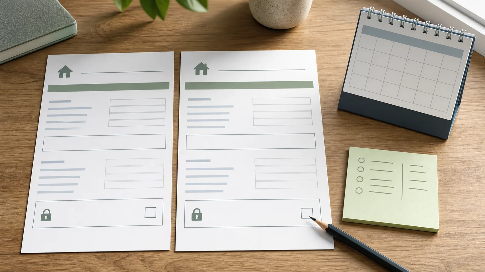 Two blank mortgage offer sheets, a pencil and a calendar card arranged to compare rate-lock and points choices.