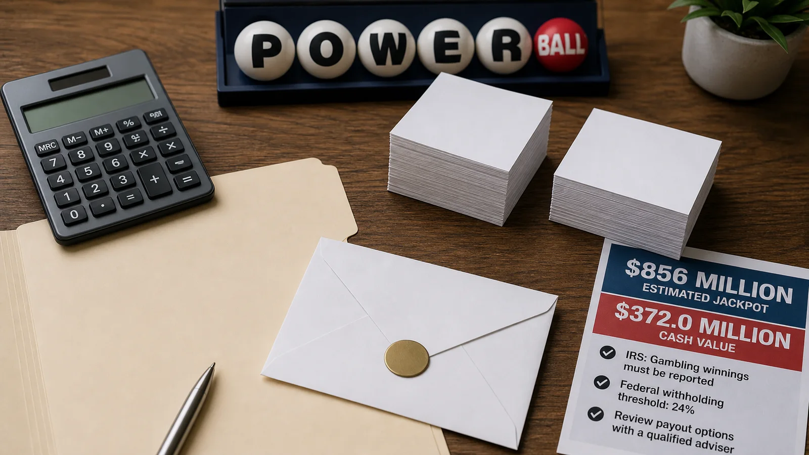 A blank tax folder, calculator, envelope, and planning papers arranged with recognizable Powerball branding.