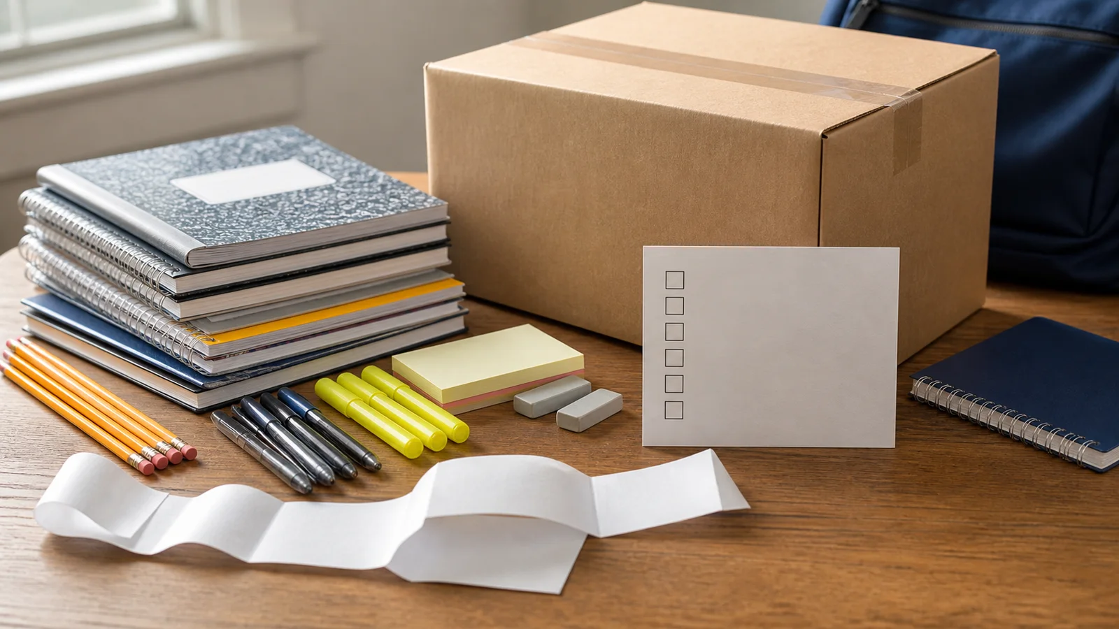 A shipping box, school supplies, receipt and blank checklist arranged to show a back-to-school purchase review