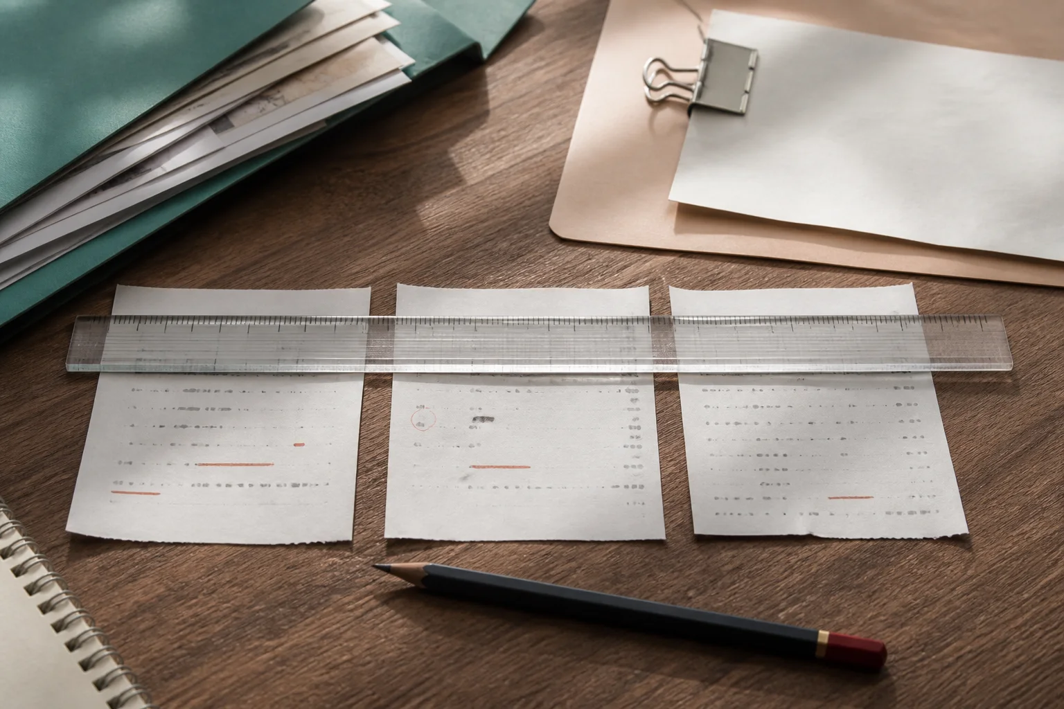 Unlabeled labor-market papers, a ruler, a blank pay stub, and a job application folder arranged on a desk.