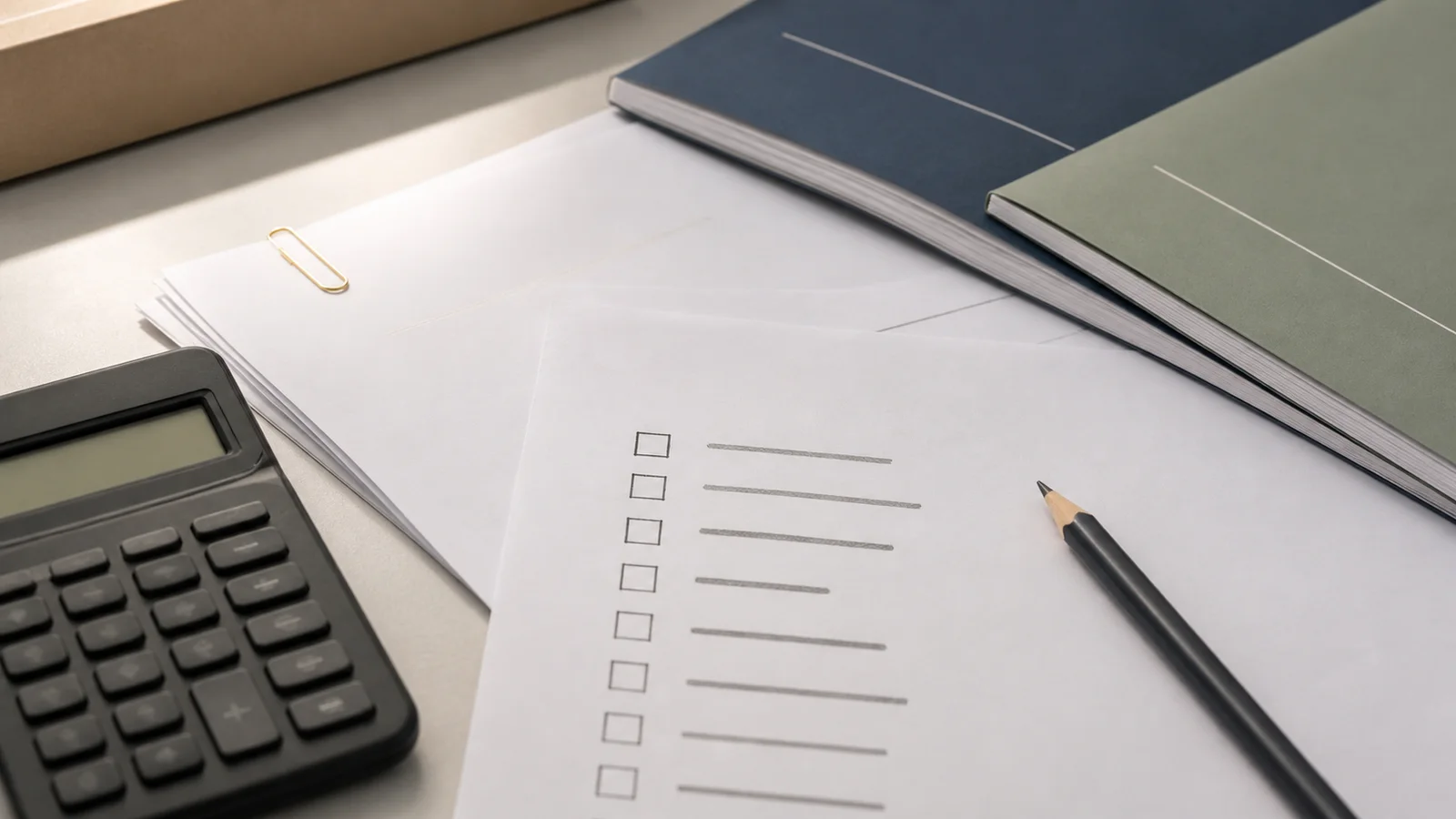 Financial aid paperwork, a calculator and program comparison folders arranged on a desk