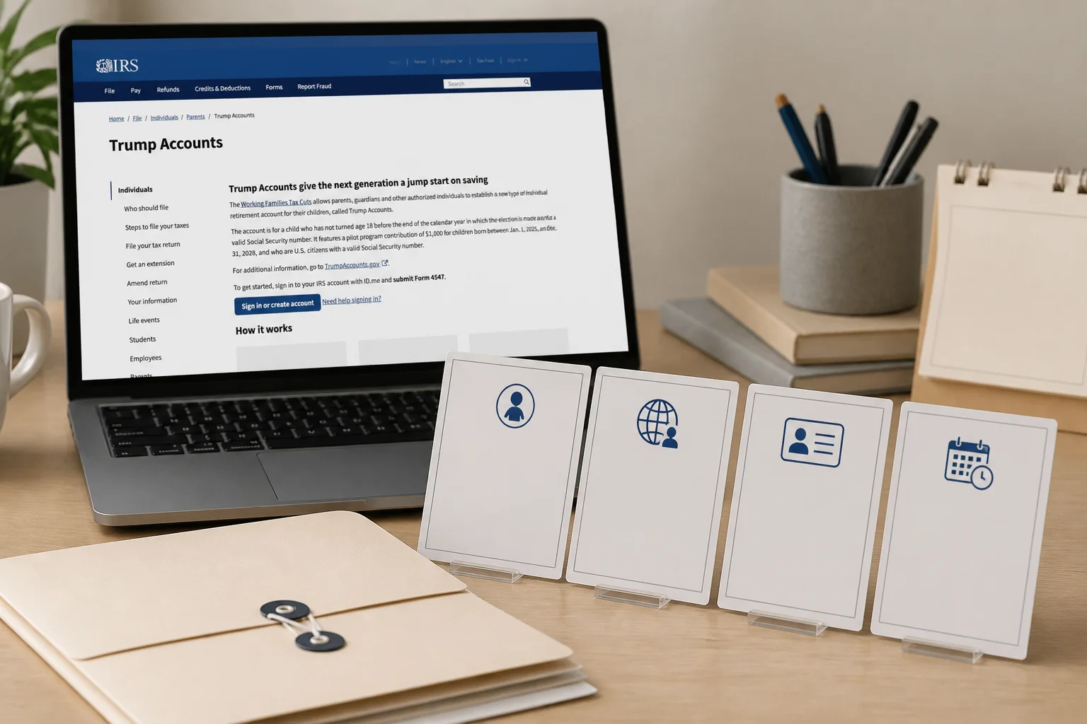 An IRS Trump Accounts page on a laptop beside blank eligibility checklist cards.