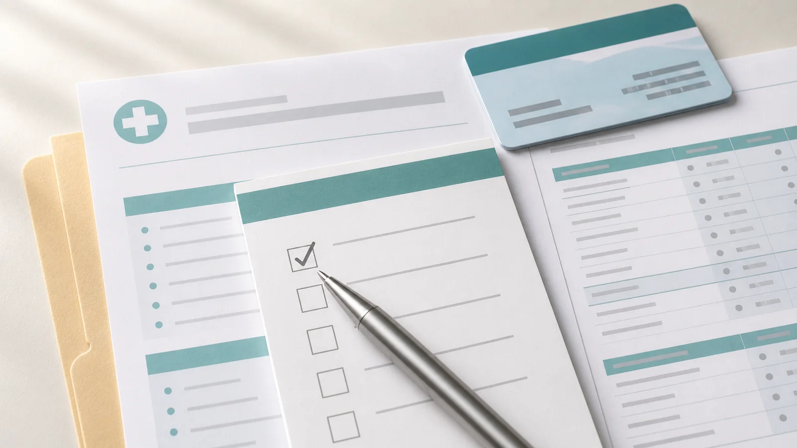 Blank checklist boxes beside generic billing papers and an insurance card for checking procedure price details.