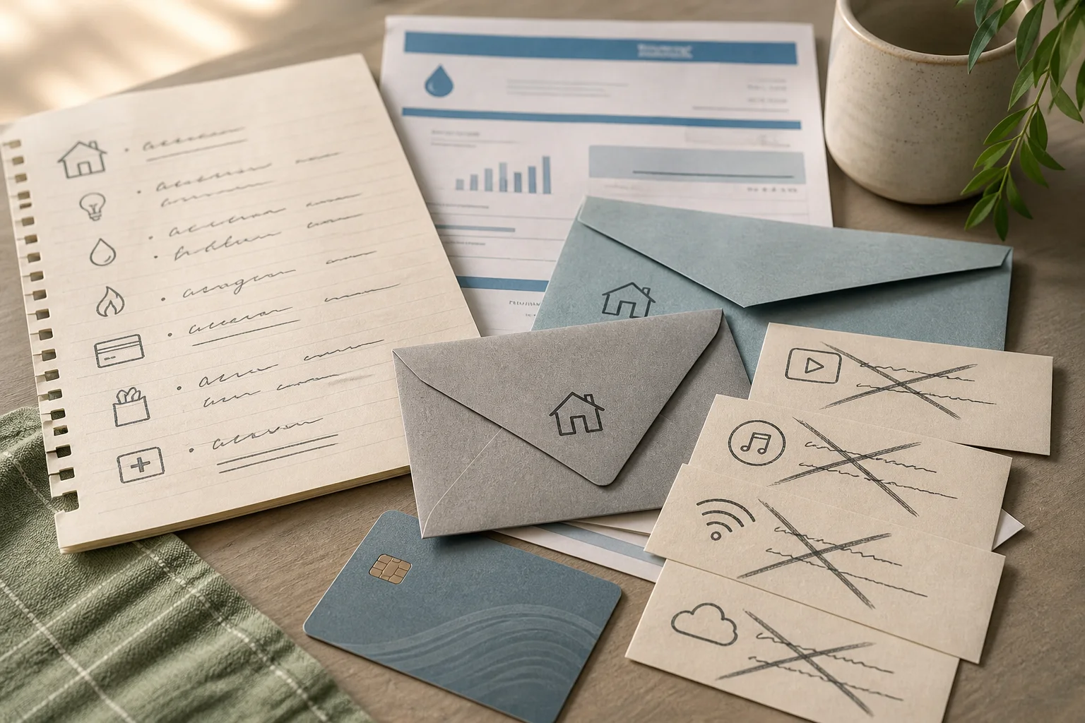 A close view of a handwritten essentials list beside a utility bill, rent envelope and payment card, with nonessential subscriptions crossed out.