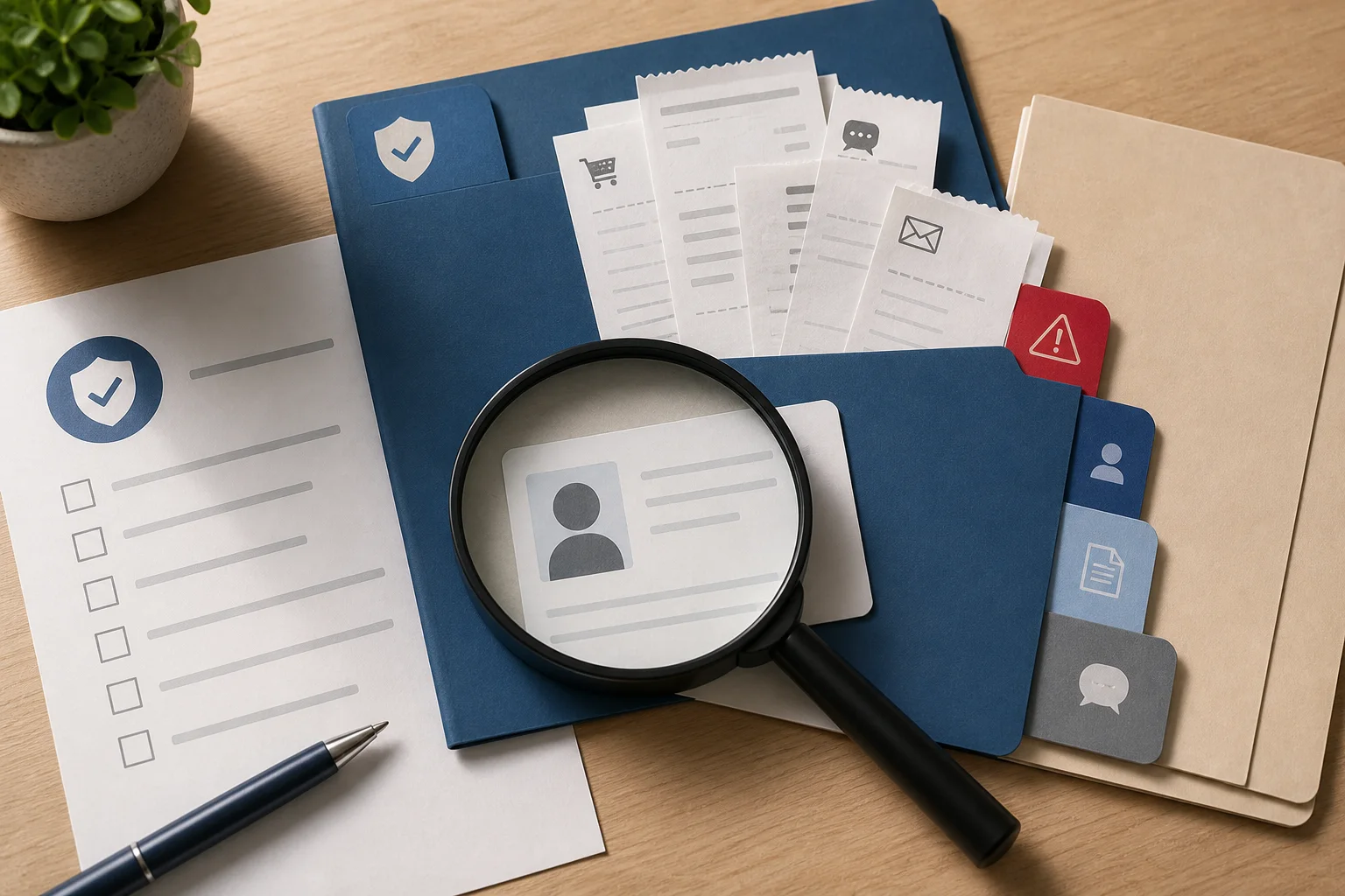 A magnifying glass over a blank profile card and checklist, with folders for saved receipts and reports.