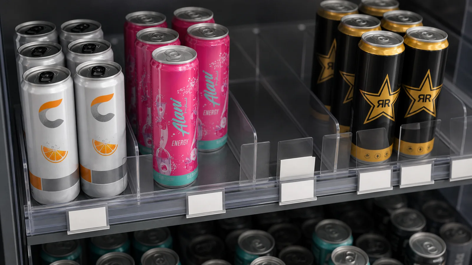 Celsius, Alani Nu and Rockstar Energy cans arranged beside blank shelf-planning cards and dividers.