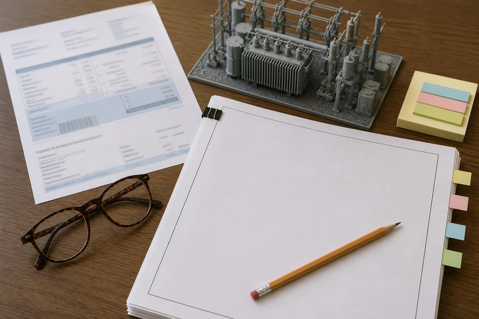 A public-review desk with utility paperwork, reading glasses and a small transformer model