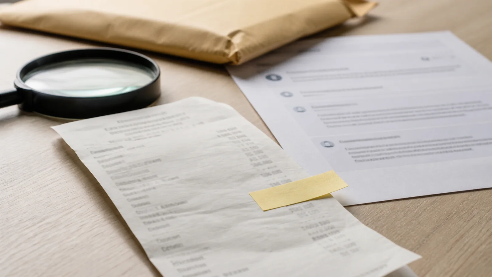 A receipt, blank sticky tab, magnifier and shipping envelope are arranged for a refund check.