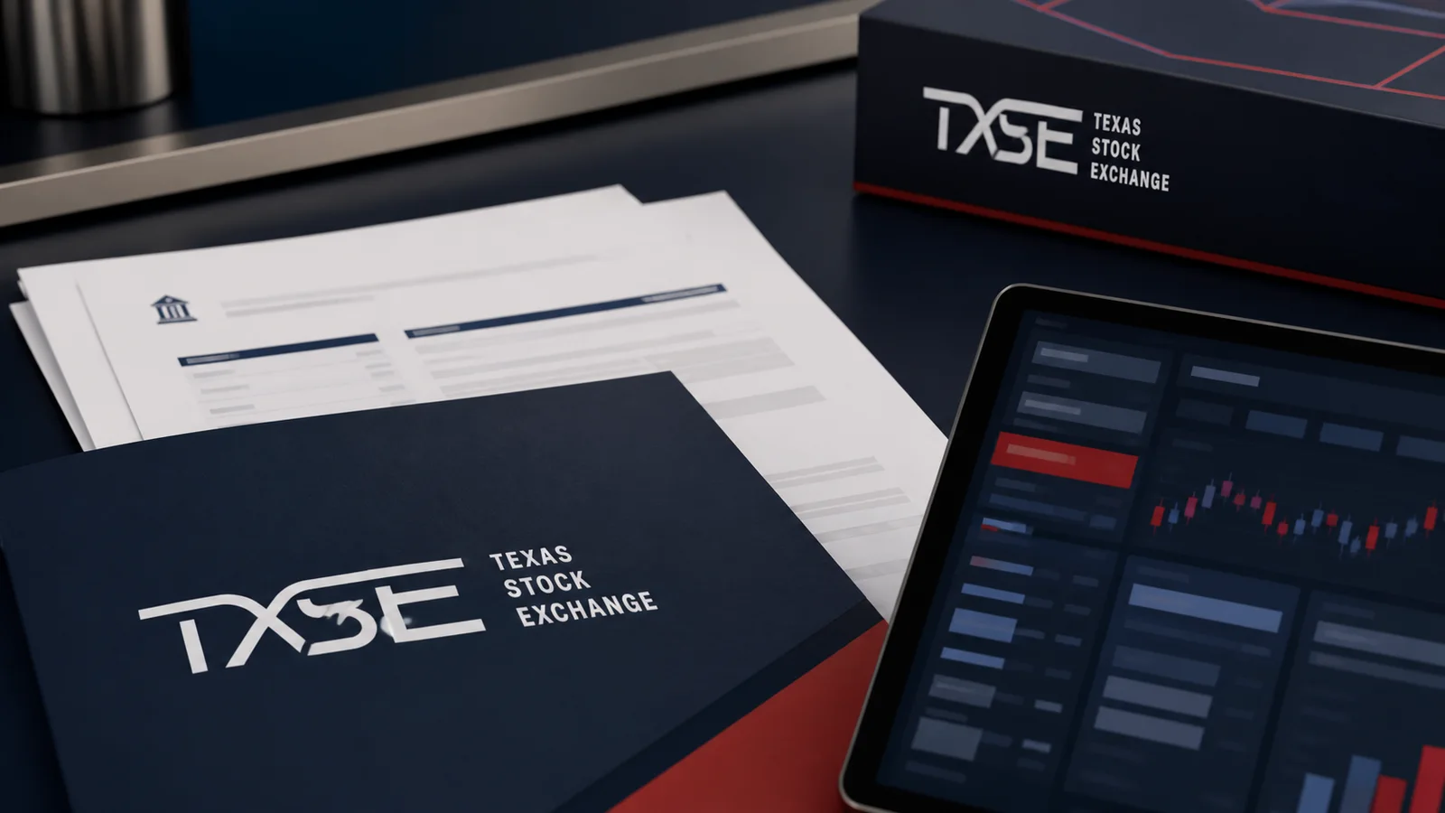 TXSE listing documents and trading screens staged beside the Texas Stock Exchange logo