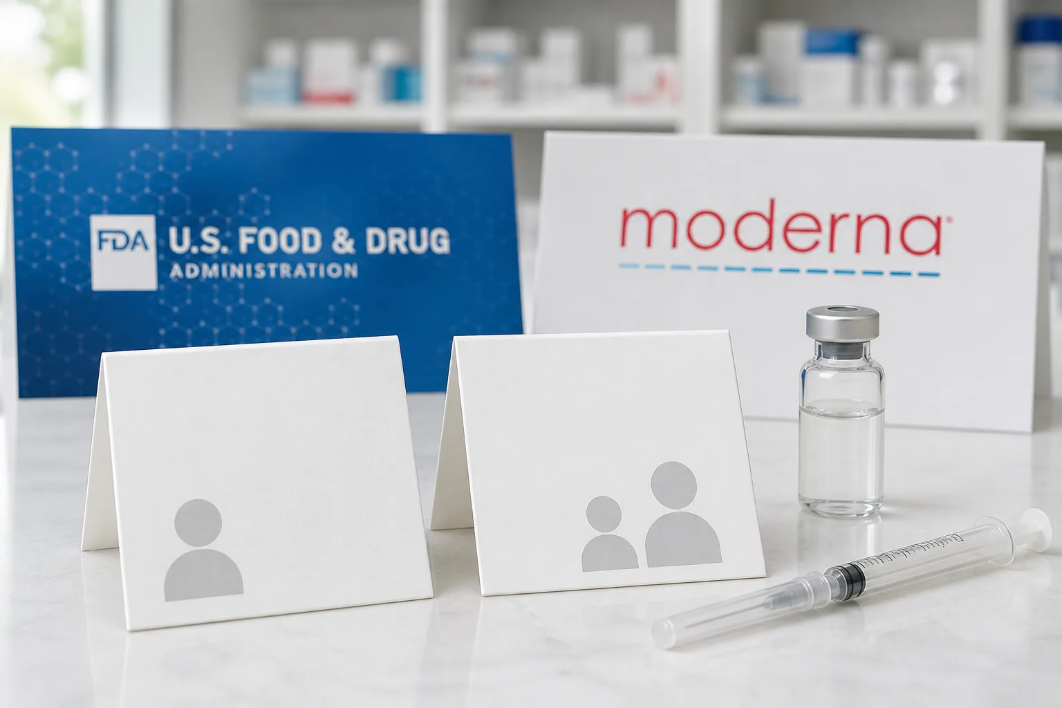 FDA and Moderna references near blank age-group cards, a generic vaccine vial and a capped syringe.