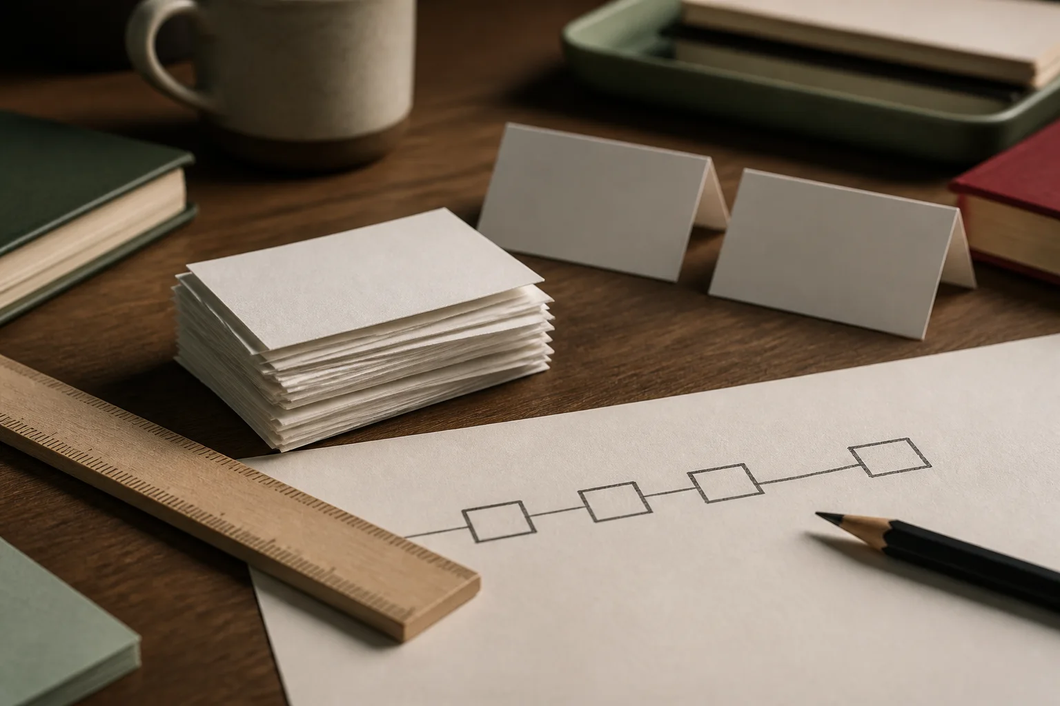 A small stack of blank trade slips beside a ruler, illustrating thin market depth.