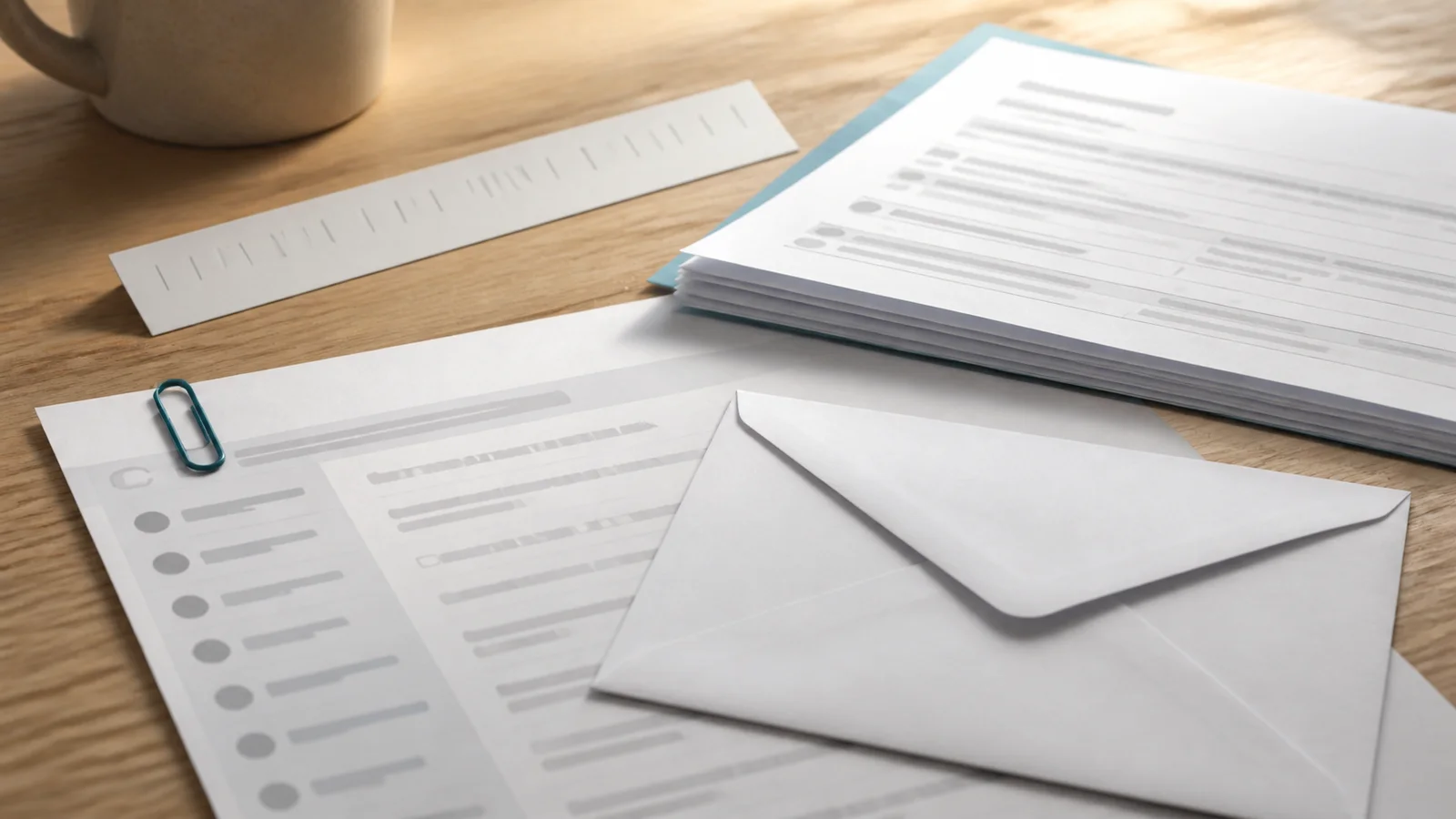 Blurred notice pages, an envelope, and blank loan statements arranged for a borrower to compare records.