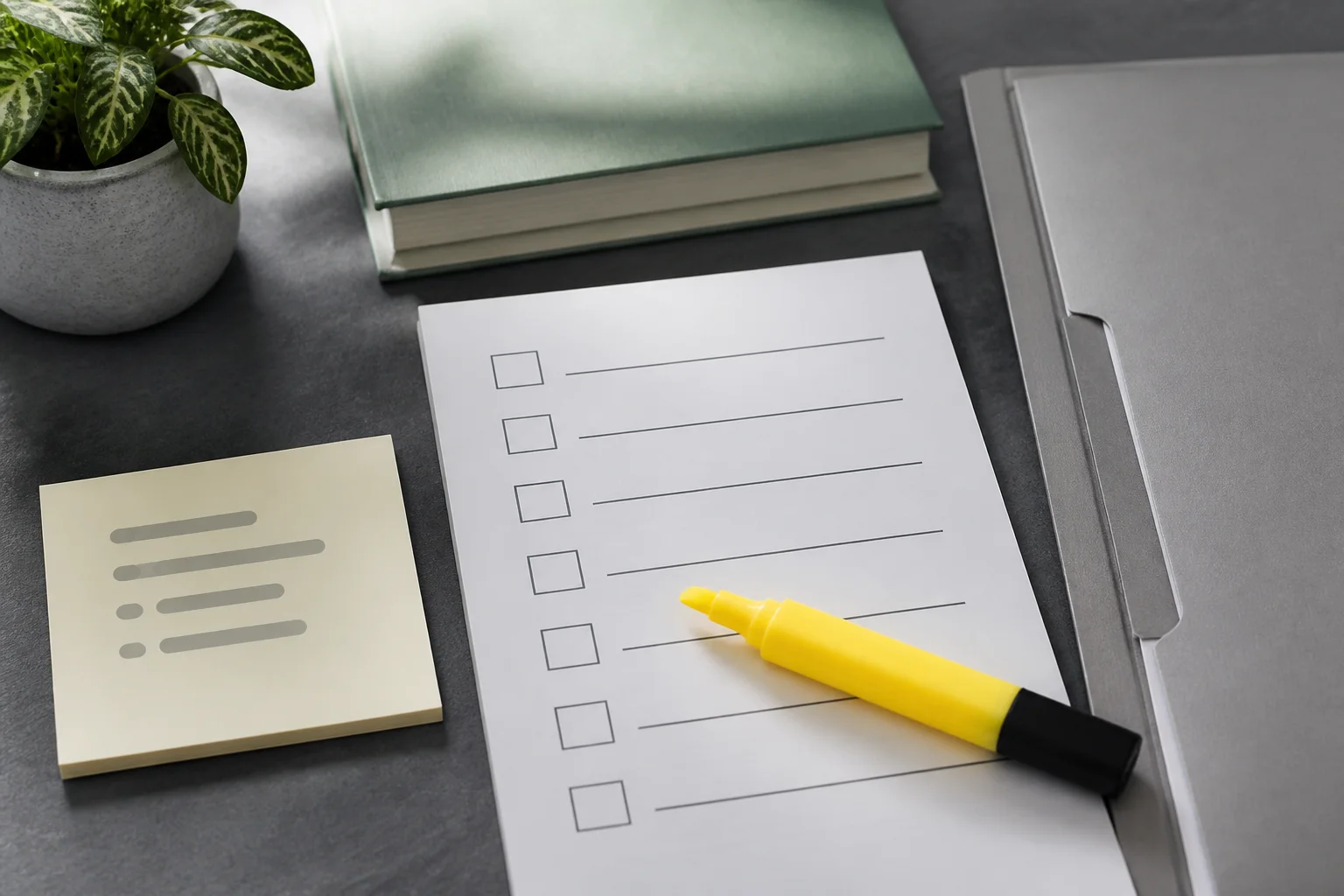 A blank source-check checklist with an unreadable prompt note, generic document folder and yellow highlighter.