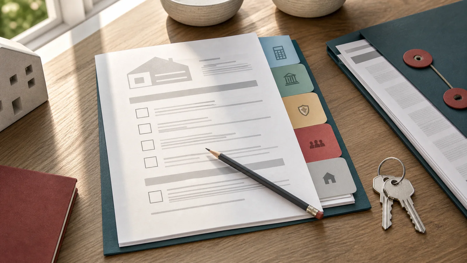 A homebuyer checklist folder with HOA budget, reserve, insurance, and assessment tabs beside house keys.