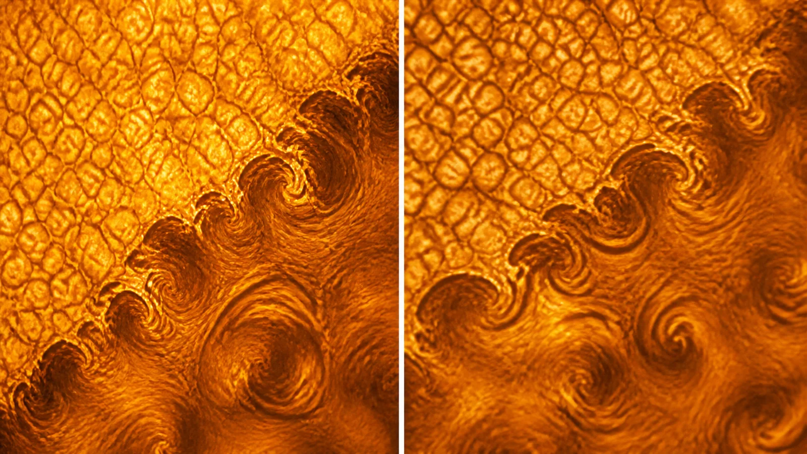 Two source-grounded solar-surface views arranged as an unlabeled comparison of observed and simulated plasma swirls.