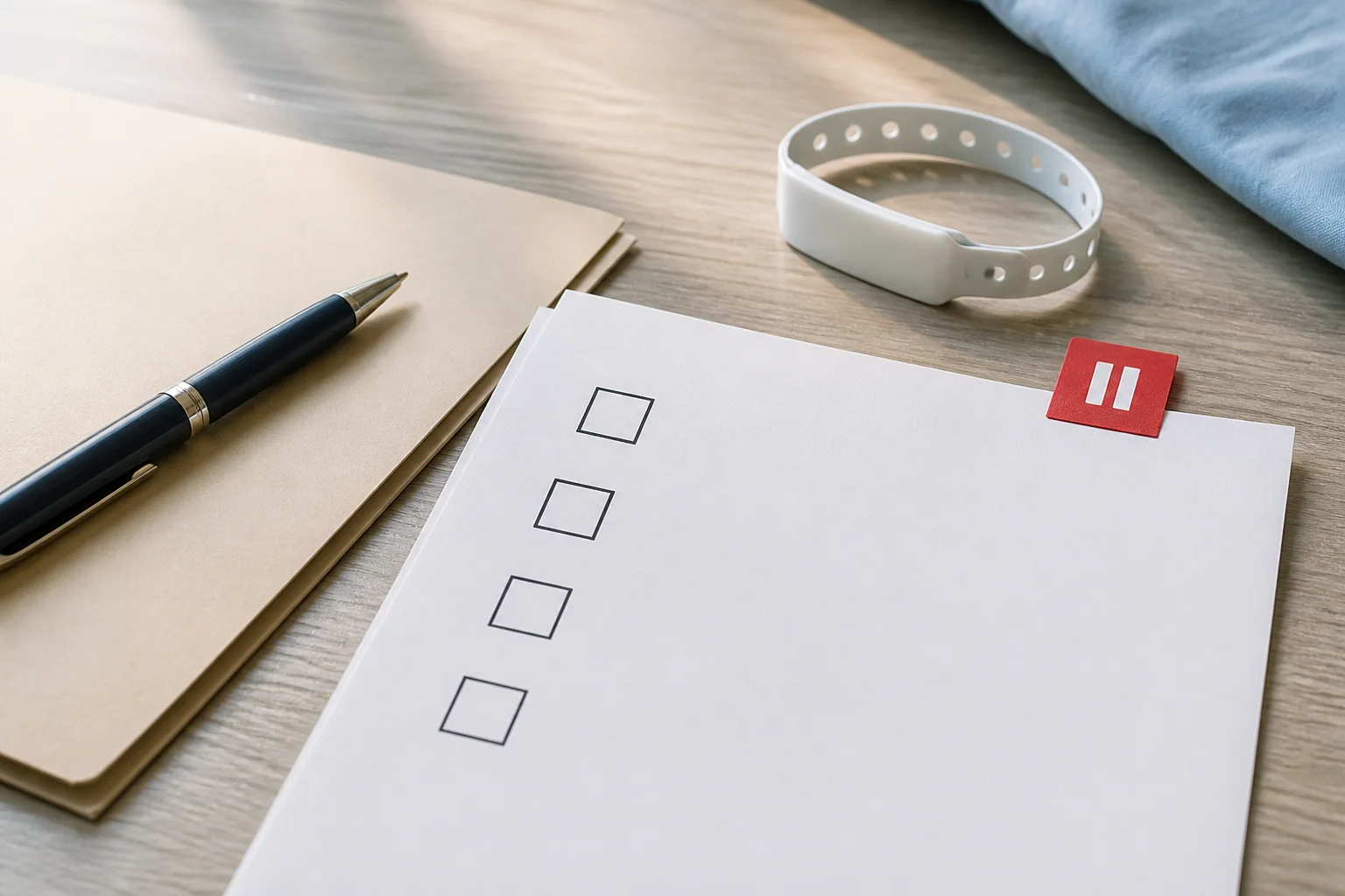A blank safeguard checklist, wristband and consent folder arranged with a red pause tab.