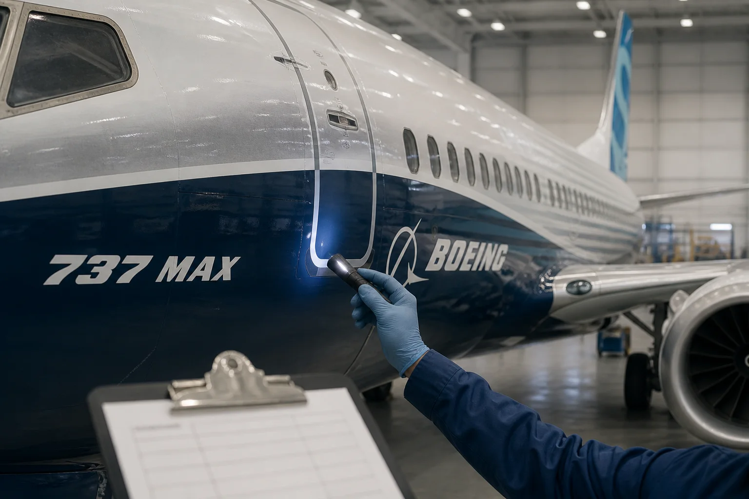A close view of a Boeing 737 MAX door-area inspection setup with a light and blank checklist.