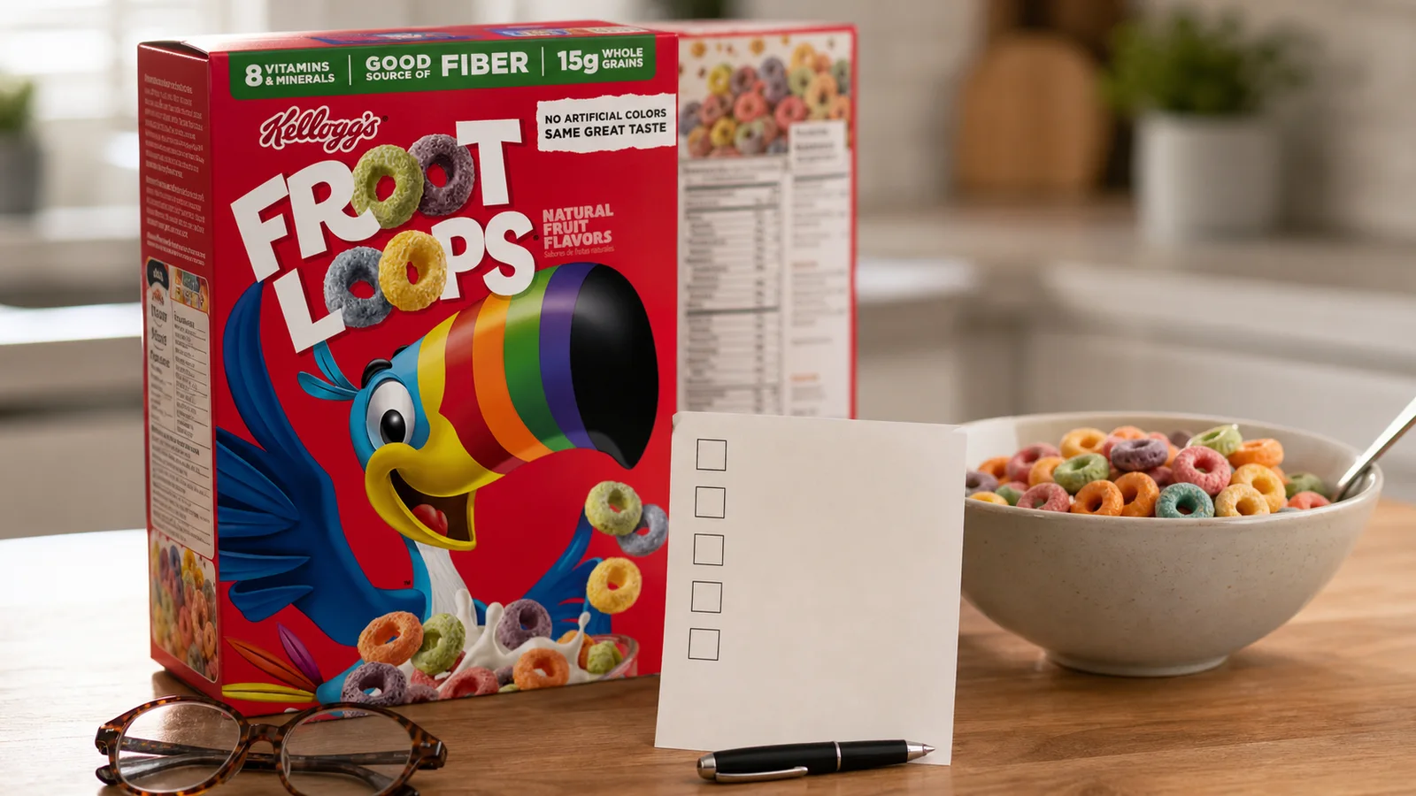 A Froot Loops box beside cereal, reading glasses and a blank checklist for comparing ingredients and nutrition facts.