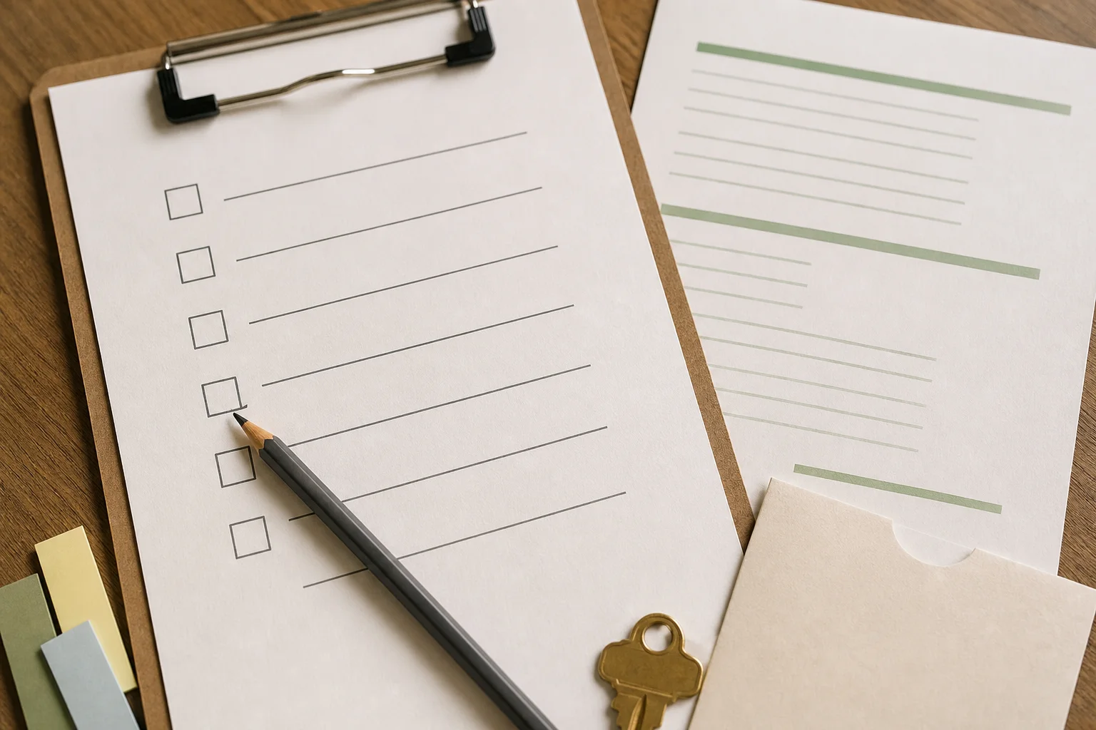 A blank inspection checklist, cash-to-close worksheet, sticky tabs, and house key arranged as a buyer offer checklist.