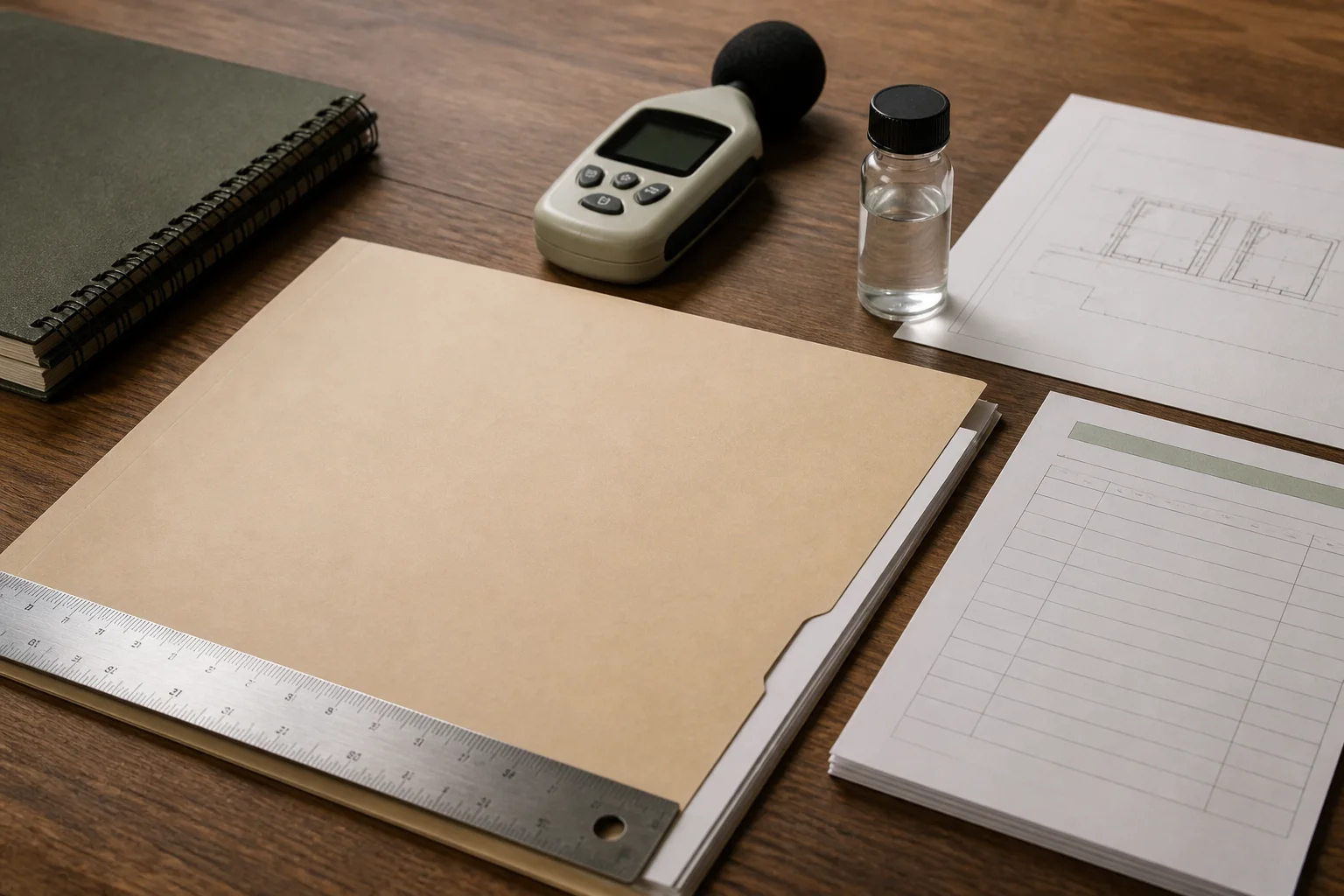 A blank public-hearing folder with a ruler, decibel meter, water vial and ownership form representing local data-center review details.