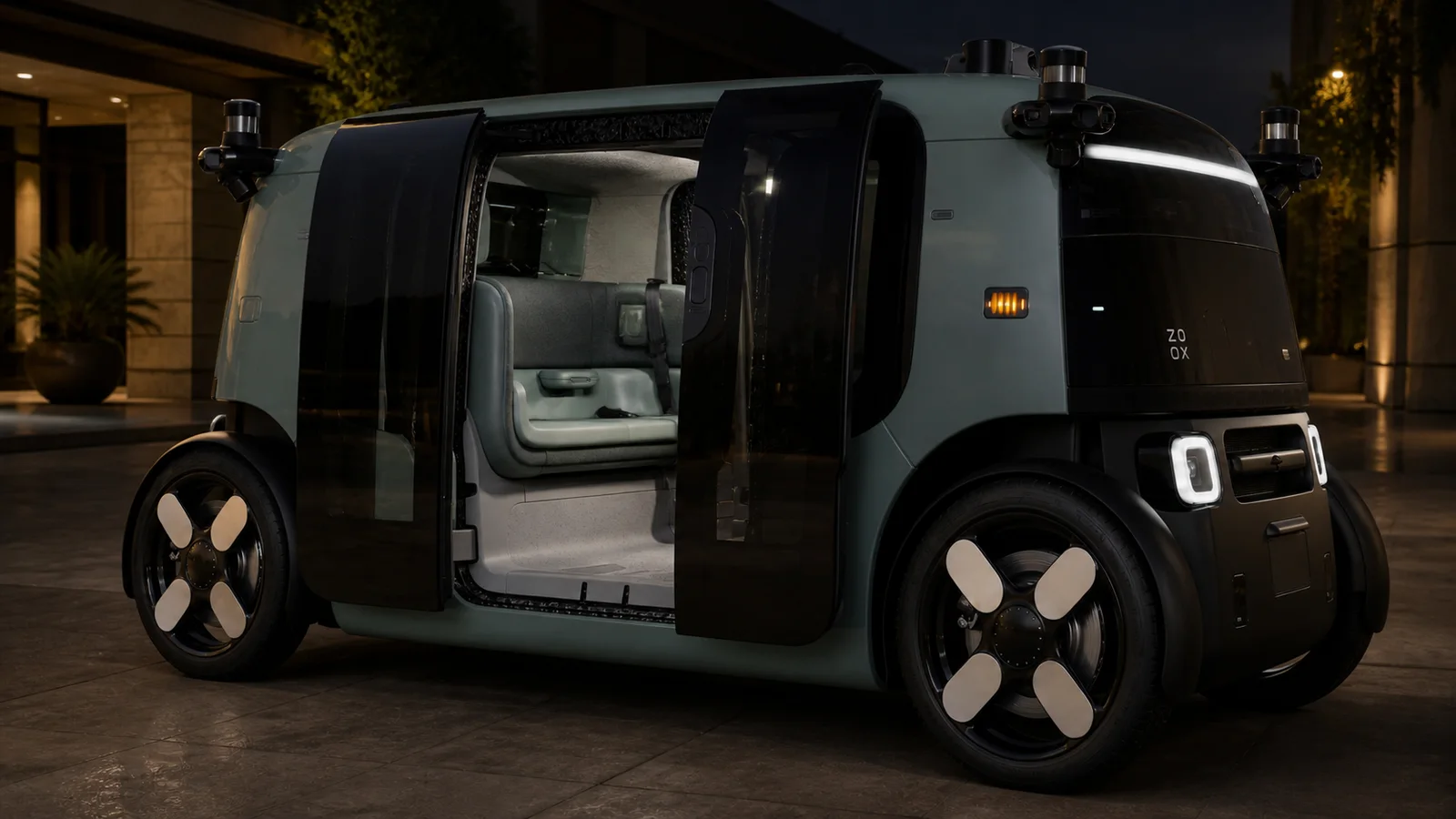 An open Zoox robotaxi shows its passenger cabin at a curbside pickup point.
