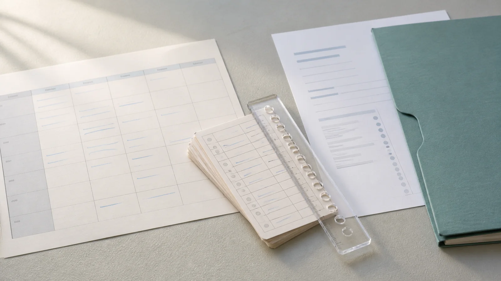 A blank weekly schedule, attendance cards and a generic statement page arranged for comparing ABA therapy dates and hours.