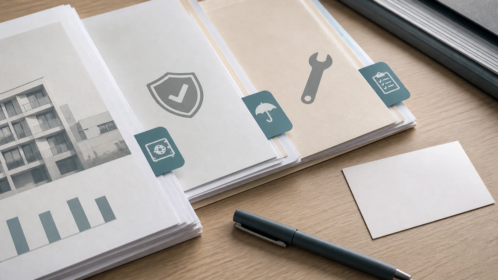 A blank condo association packet sorted into reserve, insurance and repair sections beside a deadline card.