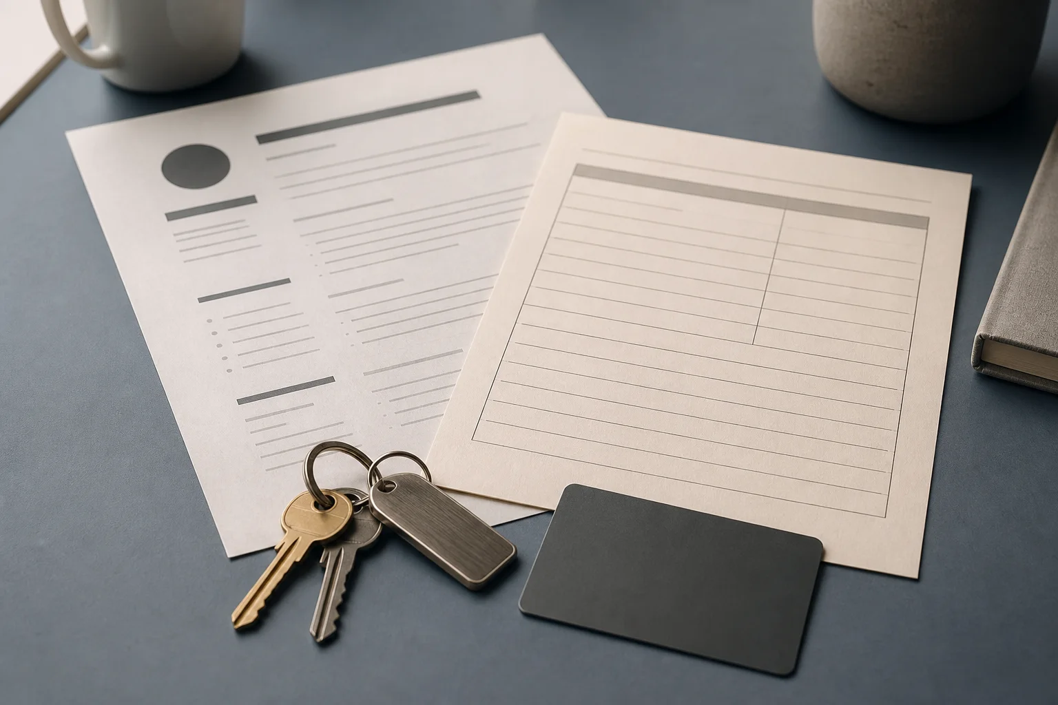 A resume, emergency-fund worksheet, key ring and face-down payment card on a desk