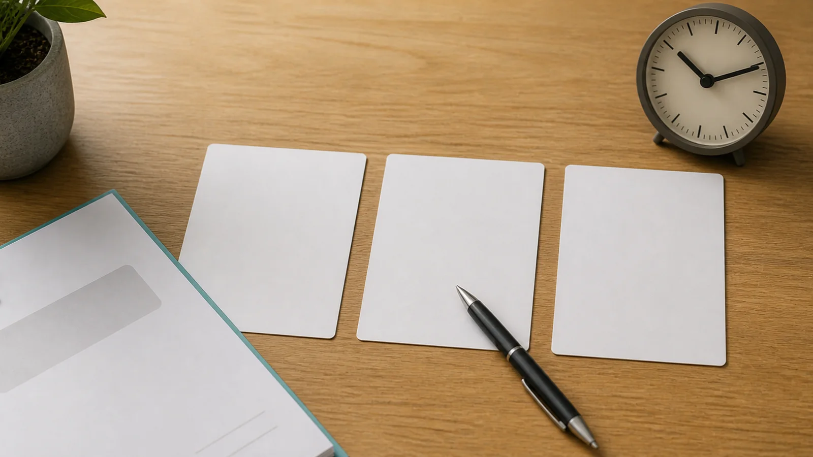Three blank reply cards sit beside job offer paperwork, a pen, and a small clock.