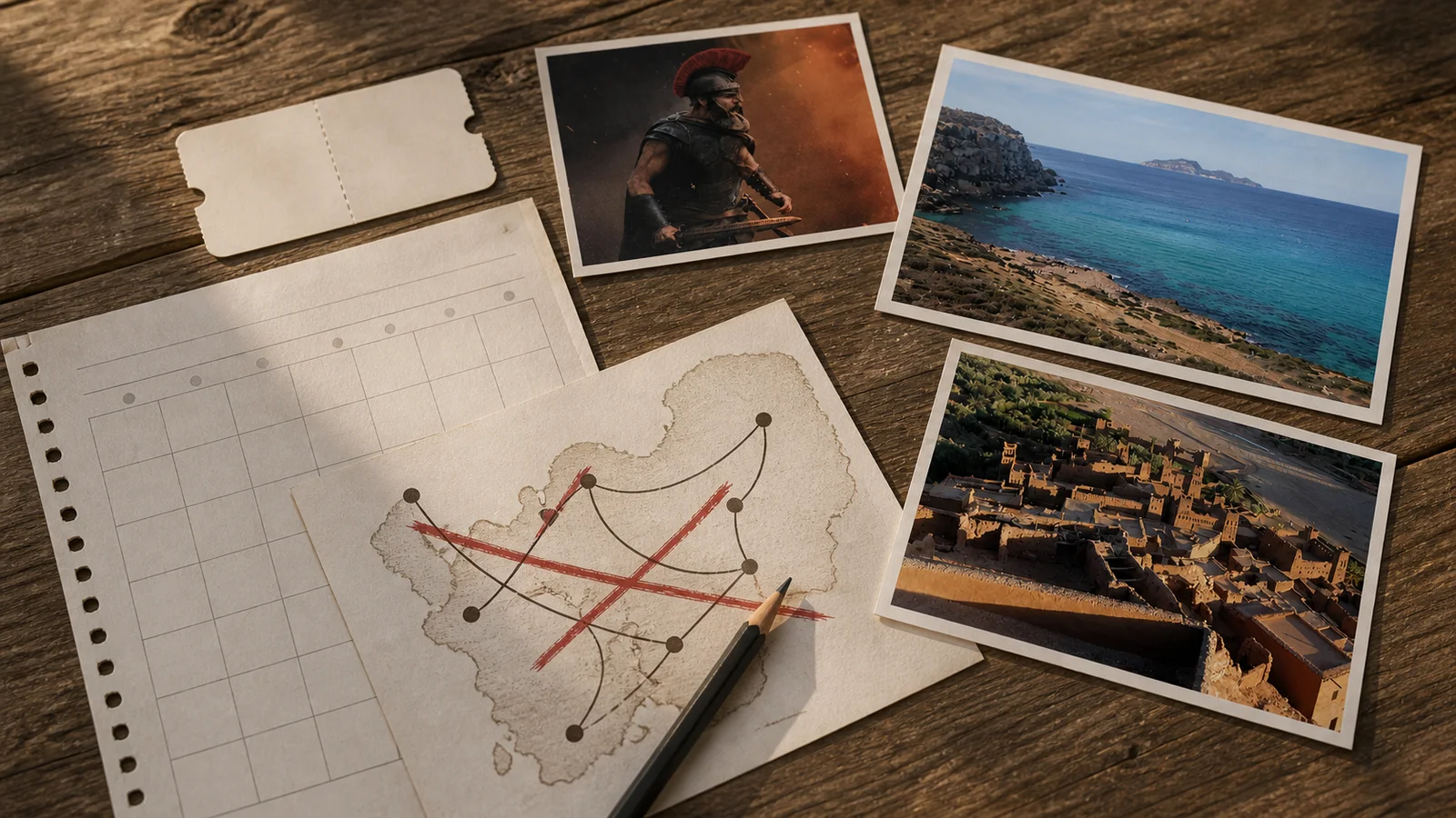 The Odyssey movie card and two destination photo cards sit beside blank travel papers and a pencil crossing out an overstuffed route.