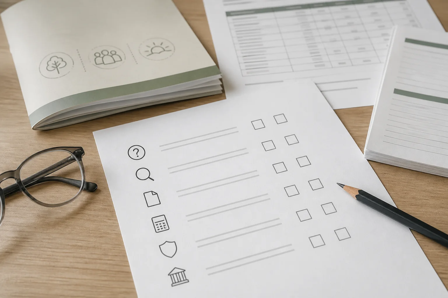 A blank verification worksheet sits with a pencil, booklet and unreadable fee schedule.